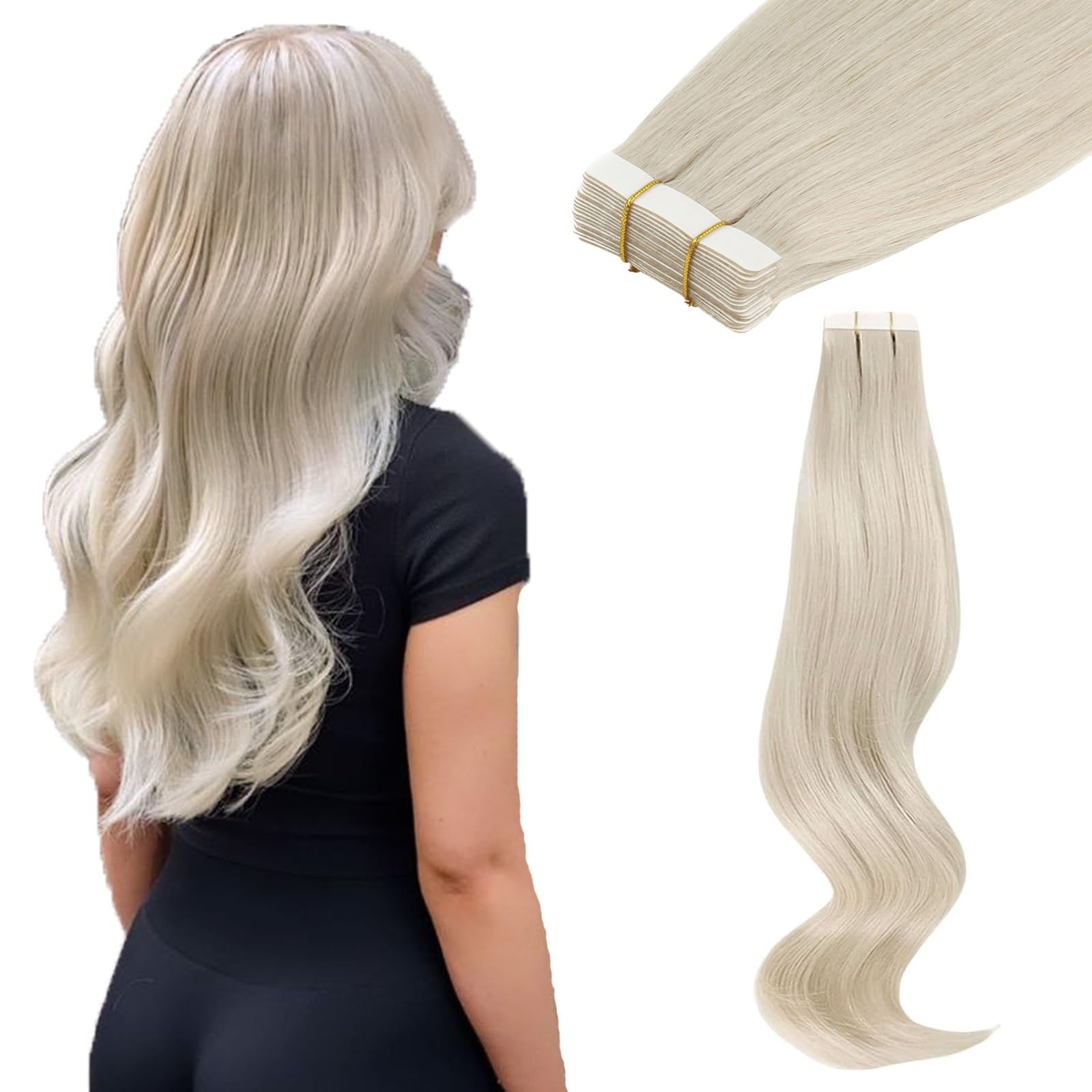 ABH AMAZINGBEAUTY HAIR Tape in Human Hair Extensions, White Blonde Color 1000 for Women, Invisible Tape on Real Remy Hair