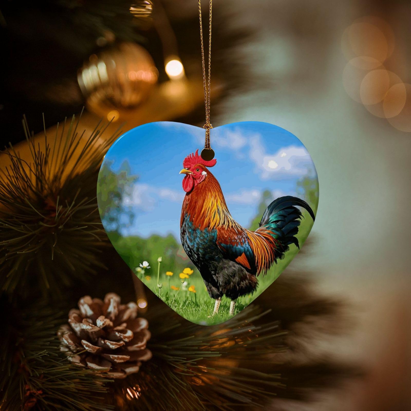 Christmas Ornaments for Christmas Tree Decoration Hanging Rooster Ornament with Gold Ribbon Crafts Heart Shape Ceramic Pendant for Keepsake Gifts Xmas Decor Party Supplies