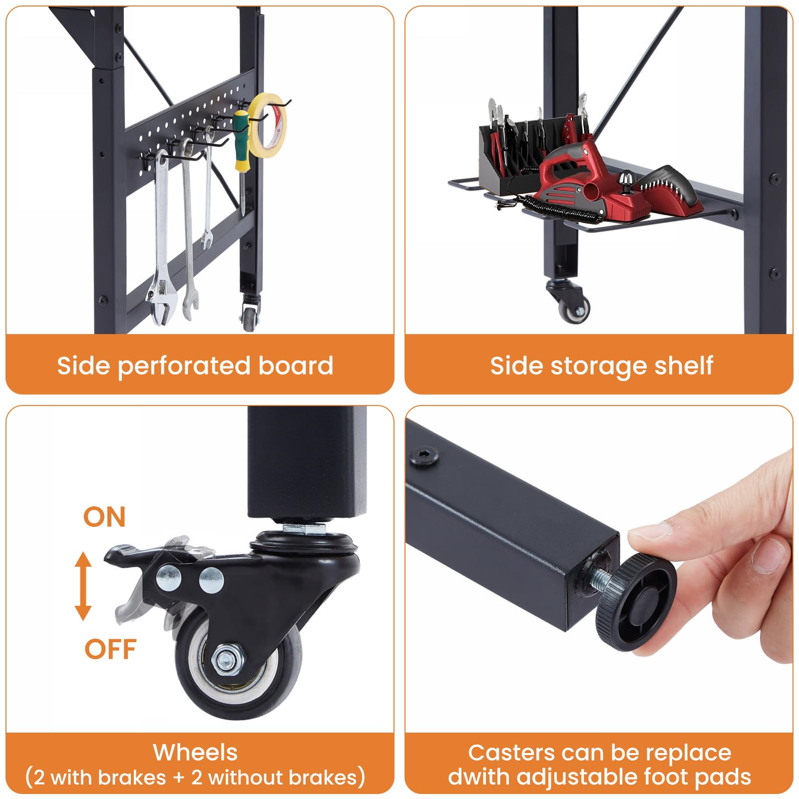 Banco de trabajo regulable en altura de 120 cm con pared perforada, banco de trabajo enrollable con ruedas, enchufes, USB y Type-C, mesa de taller con gancho y estante, banco de trabajo pesado para
