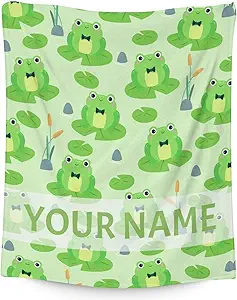Personalized Frog Blanket Gifts with Name - 50x60 Inches Cute Throw for Girls & Boys - Green Soft Fuzzy Blankets for Bed, Couch & Living Room