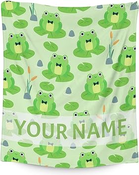 Personalized Frog Blanket Gifts with Name - 50x60 Inches Cute Throw for Girls & Boys - Green Soft Fuzzy Blankets for Bed, Couch & Living Room