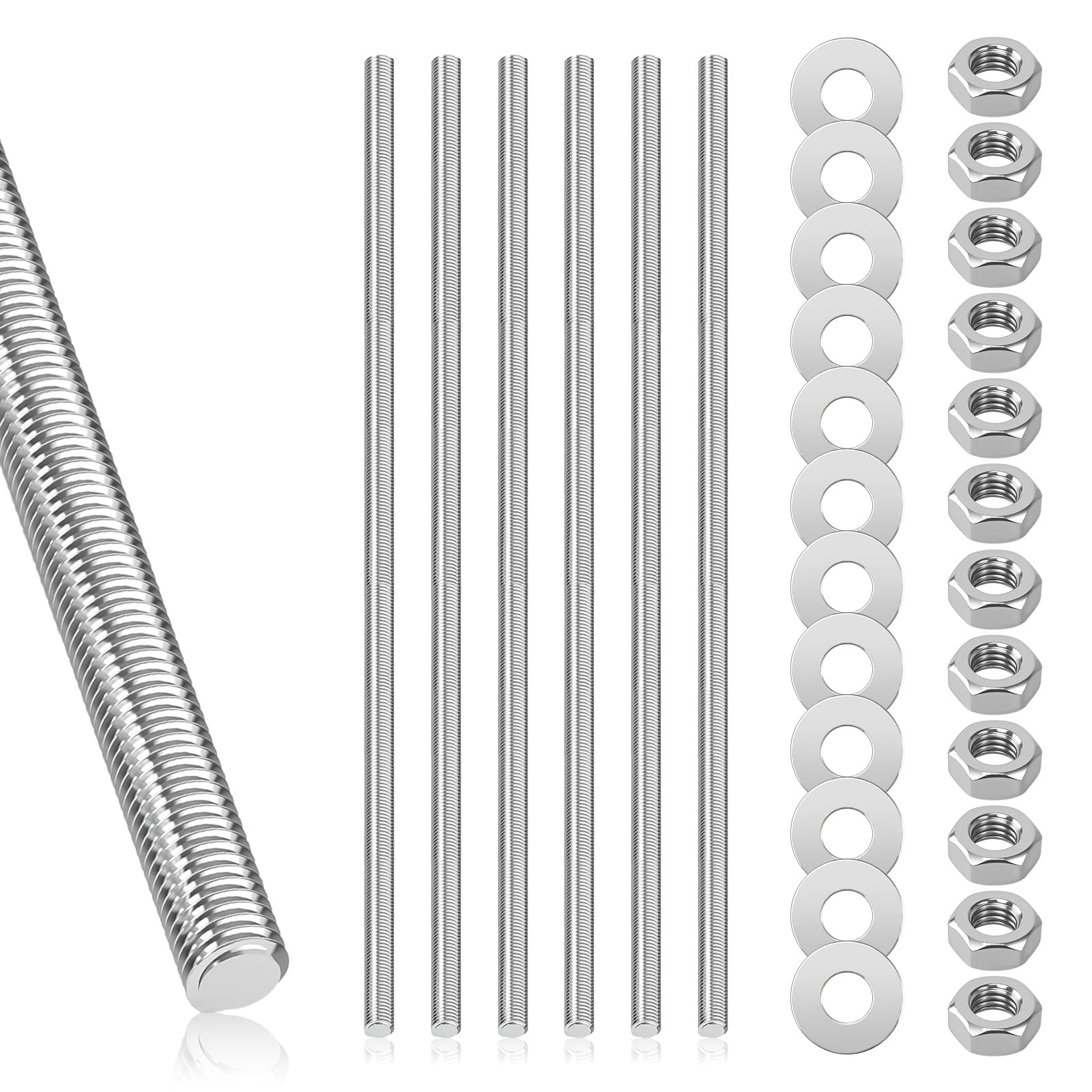 6 aste filettate M8, M8 x 300 mm, metriche con 12 dadi esagonali e rondelle, aste filettate filettatura completa per la produzione di mobili per l'albero di macchina, 6 pezzi