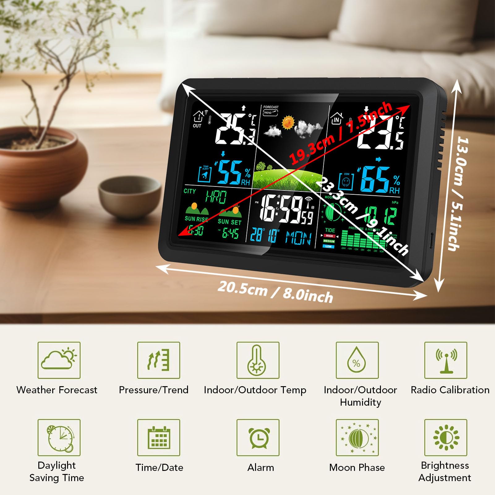 Stazione Meteorologica Wireless per Interni Esterni, Termometro Digitale con Display a Colori con Orologio Atomico, Previsioni Meteo, Monitoraggio dell'umidità della (Spina europea 220 V)