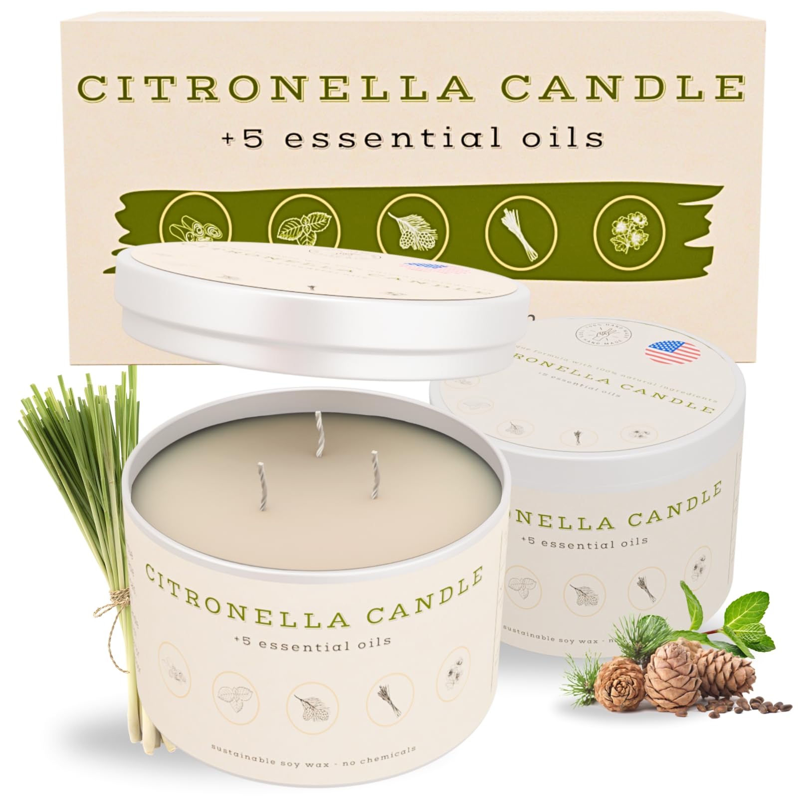 BUZZ DEFENDER 14oz Citronella Candles Outdoor - 100% Natural & Highly Effective 3 Wick Citronella Candles Outdoor - Large Citronella Candle Outdoor - Outdoor Citronella Candles for Patio | 2 Pack, 64h