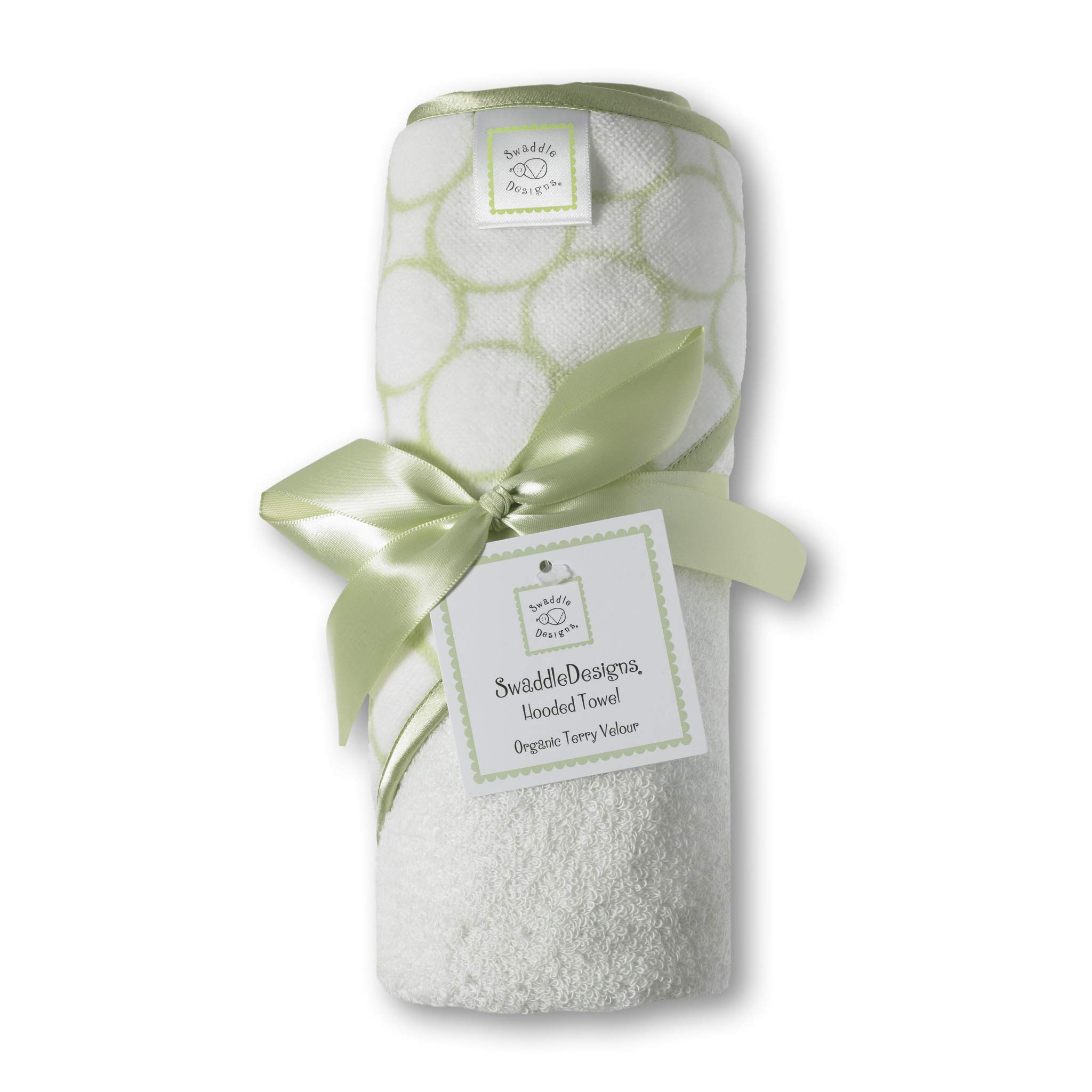 SwaddleDesigns Organic Cotton Terry Velour Hooded Towel for Baby/Toddler, Absorbent with Satin Trim, Absorbent with Satin Trim, Kiwi Mod Circles