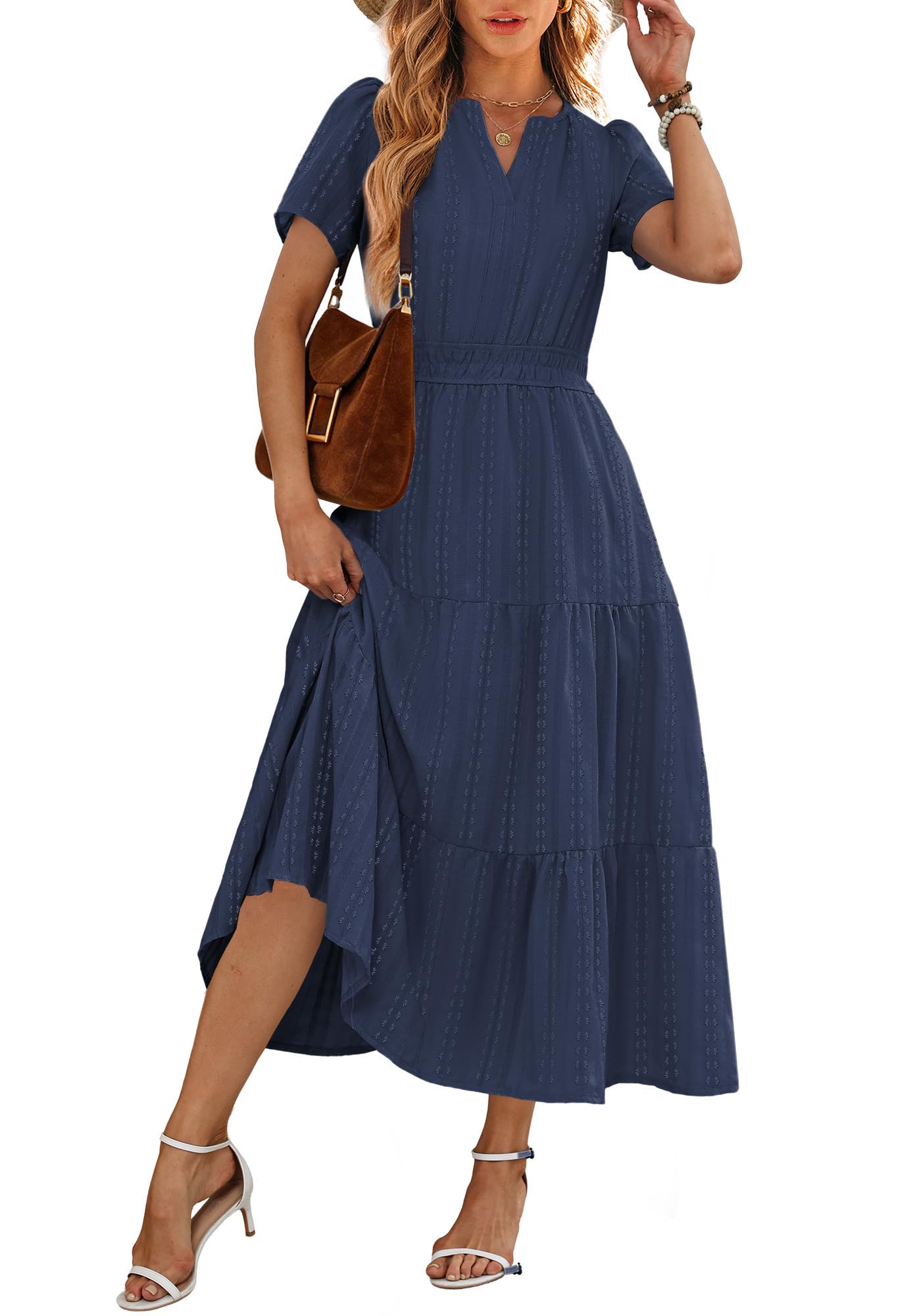 RUMIA Women Casual Midi Maxi Dresses Short Sleeve V Neck Elastic Waist Vacation Dress Pockets（S-2XL — view 4
