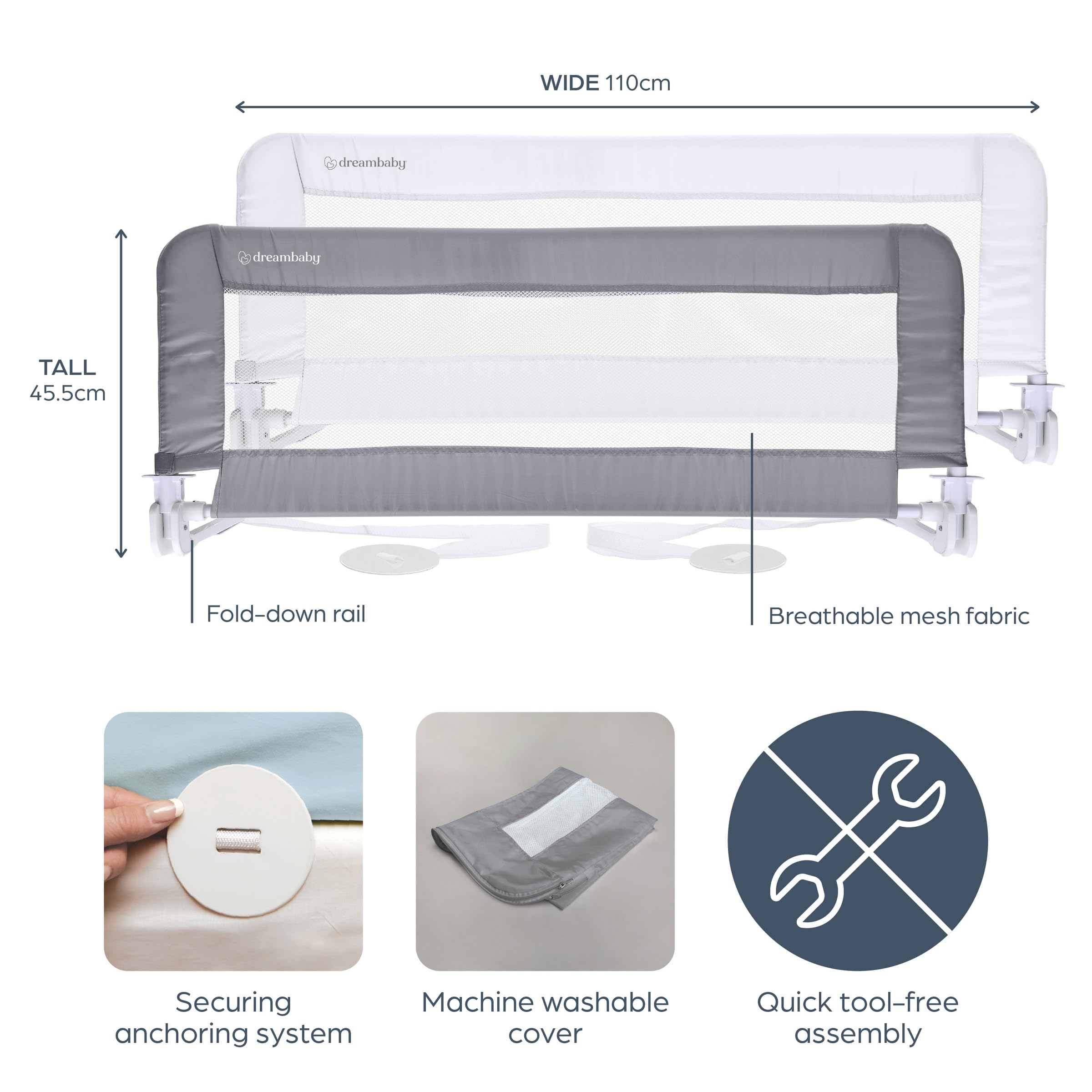 Dreambaby Parapetti di protezione per letto Praga, barriera di sicurezza pieghevole e portatile per i più piccoli, adatta a materassi da singolo a king size con basi piatte, 110 cm di larghezza x 45,5