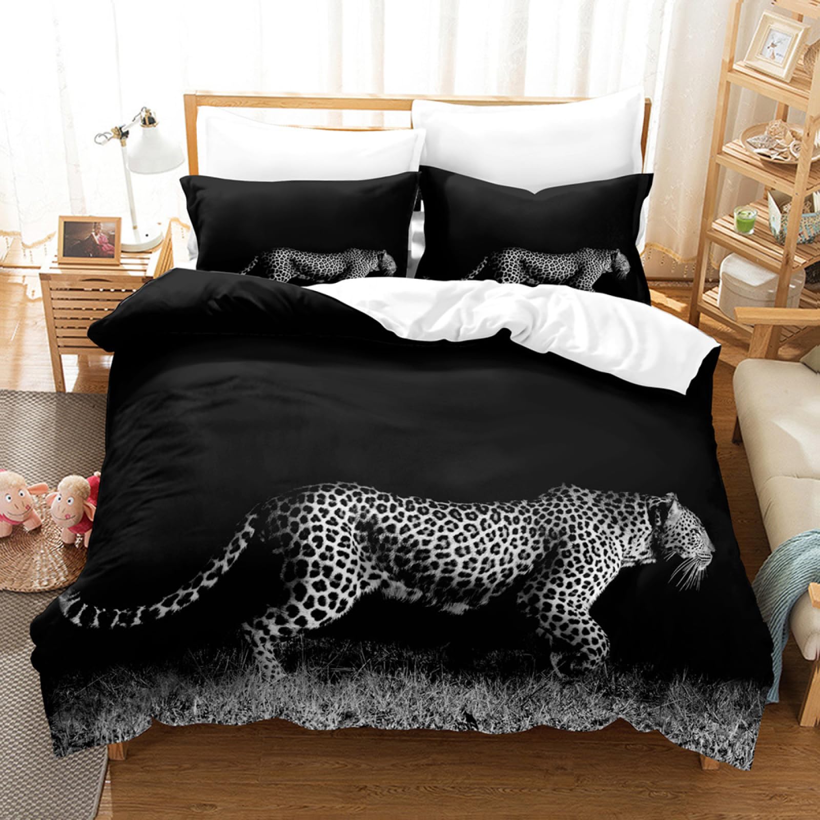 Double Duvet Set Black And White Leopard Duvet Cover Sets 200X200,Printed Duvet Cover King Size,Comfy Breathable Quilt Cover, Bedding 3 Pcs with Zipper Closure + 2 Pillowcases