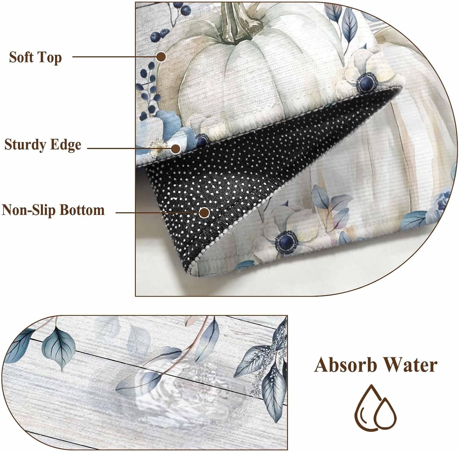 DecorLovee Entryway Rug 2'x3', Blue Grey Pumpkins Fall Small Rug for Kitchen Bathroom Door Mat Indoor Entrance, Thanksgiving Botanical Vintage Non-Slip Area Rugs Floor Mats Carpet Front Door Rugs