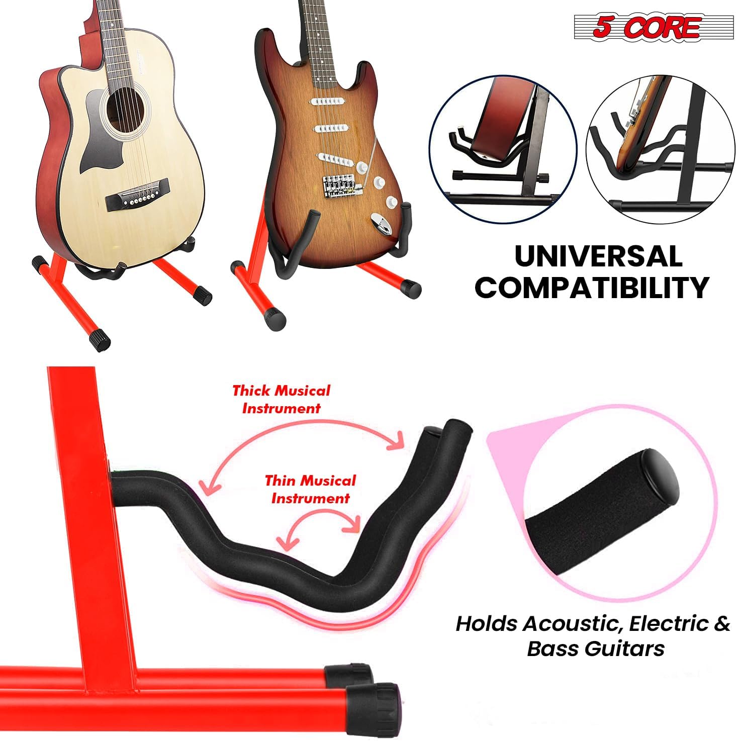 5 CORE Guitar Stand Pair A Frame Adjustable Folding Floor Stands with Soft Foam Arms for Acoustic Electric Bass Guitars Ukulele Banjo Non Slip Rubber Support Red - GSS RED 2PCS