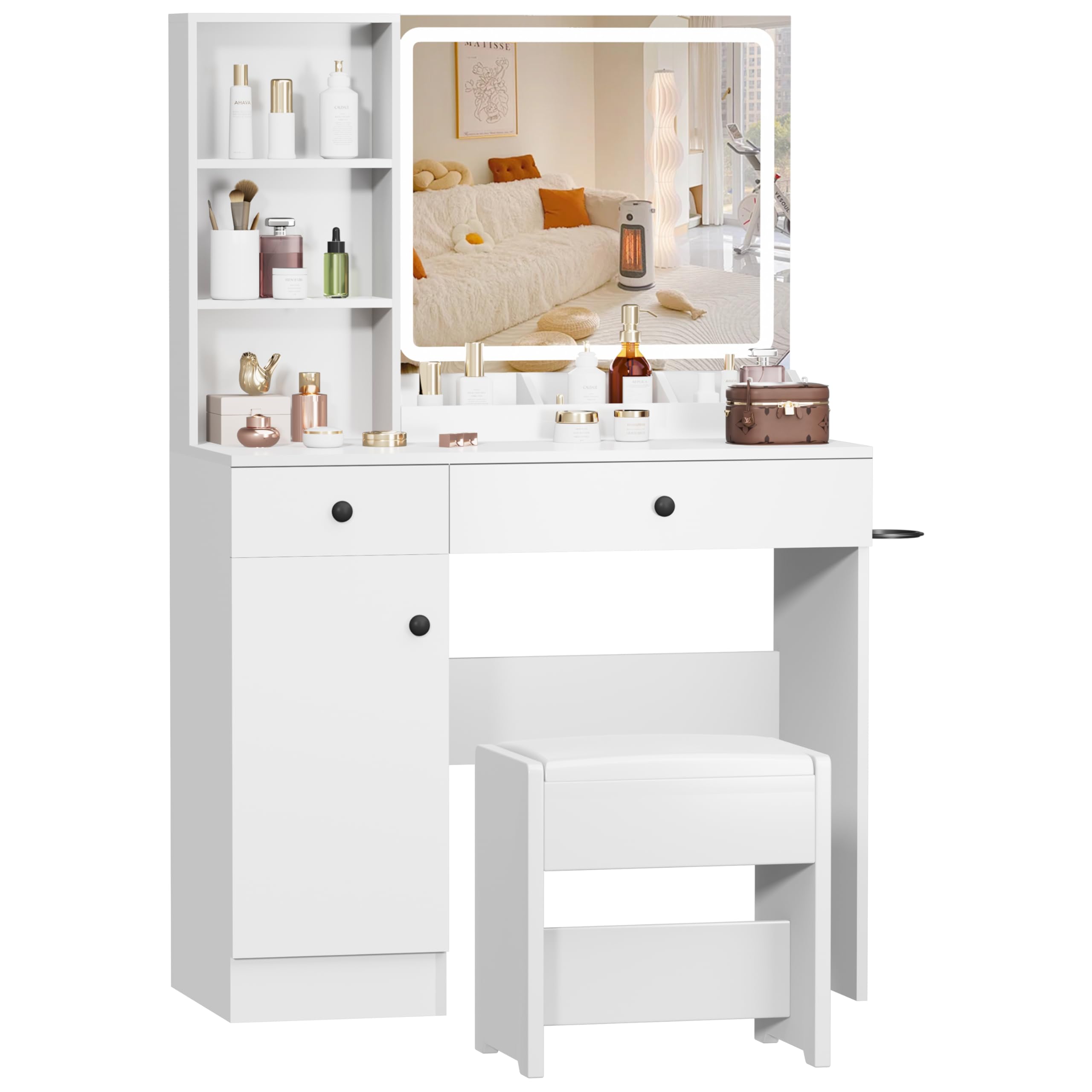YIKEHOME Vanity Desk with Mirror and Lights, 3-Color Lights Adjustable Brightness, White Vanity Makeup Desk with Drawer & Charging Station, Large