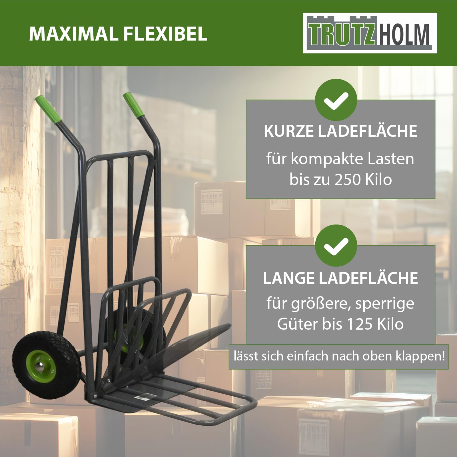 TRUTZHOLM Paketkarre mit extra Ladefläche 42 cm Traglast 250 kg Stahlrahmen klappbar Sackkarre Stapelkarre
