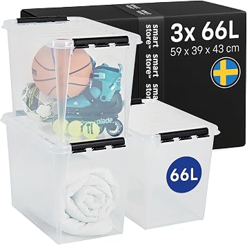 SmartStore - 3x Plastic Storage Box with Lid Classic 66L 59x39x43cm |Plastic Storage Drawers with Lid|Food-Safe Material|Kitchen & Organisation|Durable Container for Home & Office|