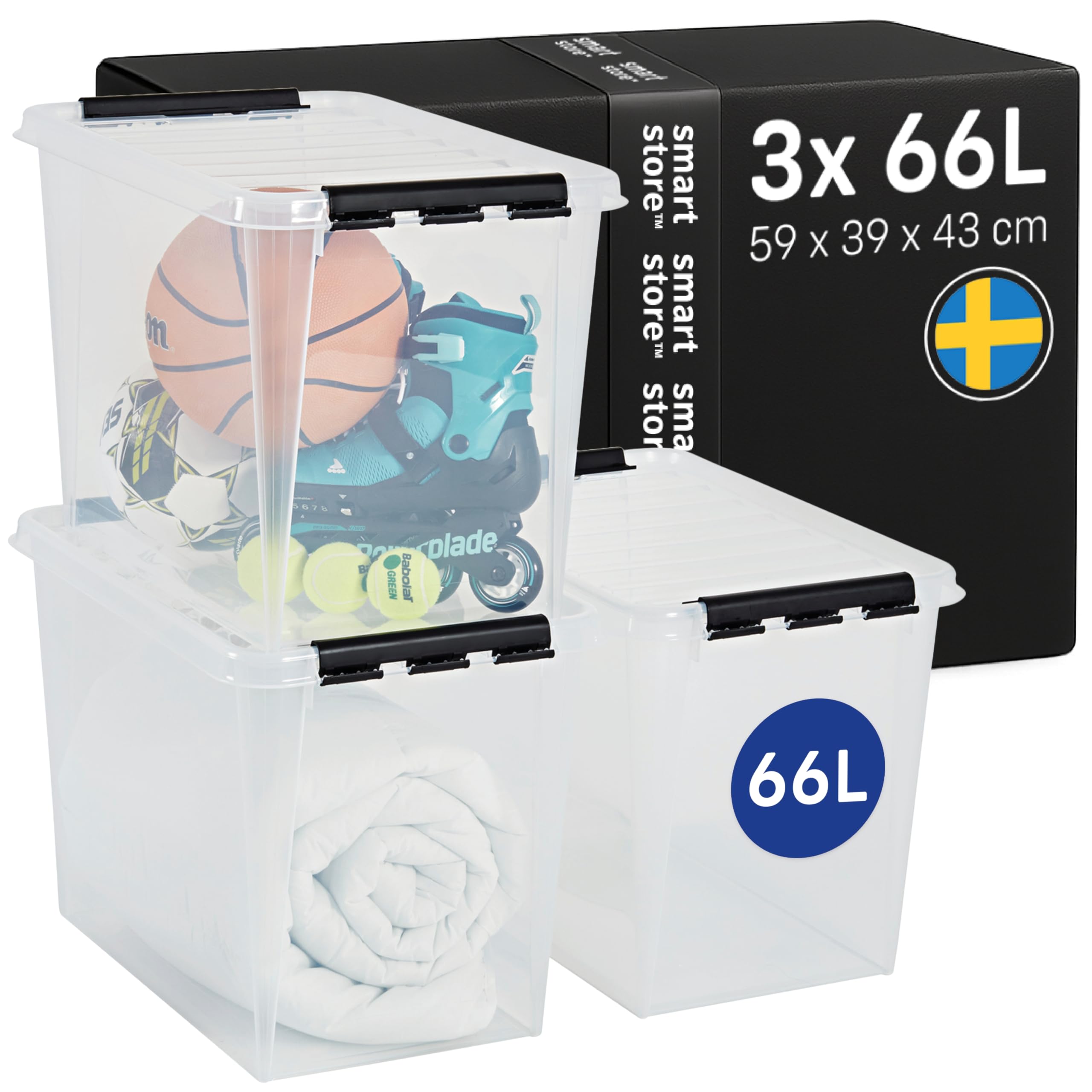 SmartStore Aufbewahrungsbox mit Deckel | 3x 66L | 59x39x43cm, Clips schwarz