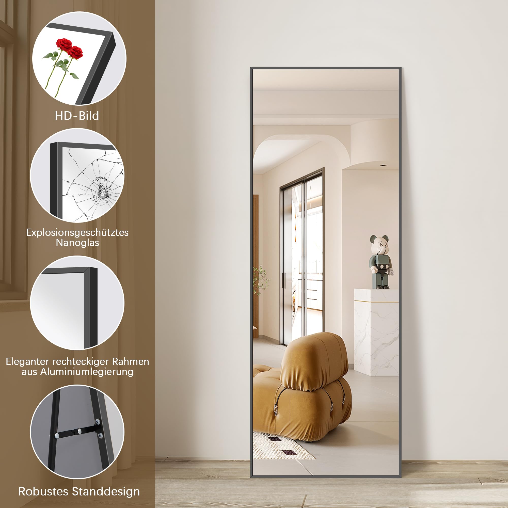 Weare Home Miroir Pleine Longueur Rectangulaire 165 x 60 cm Cadre en Métal Noir