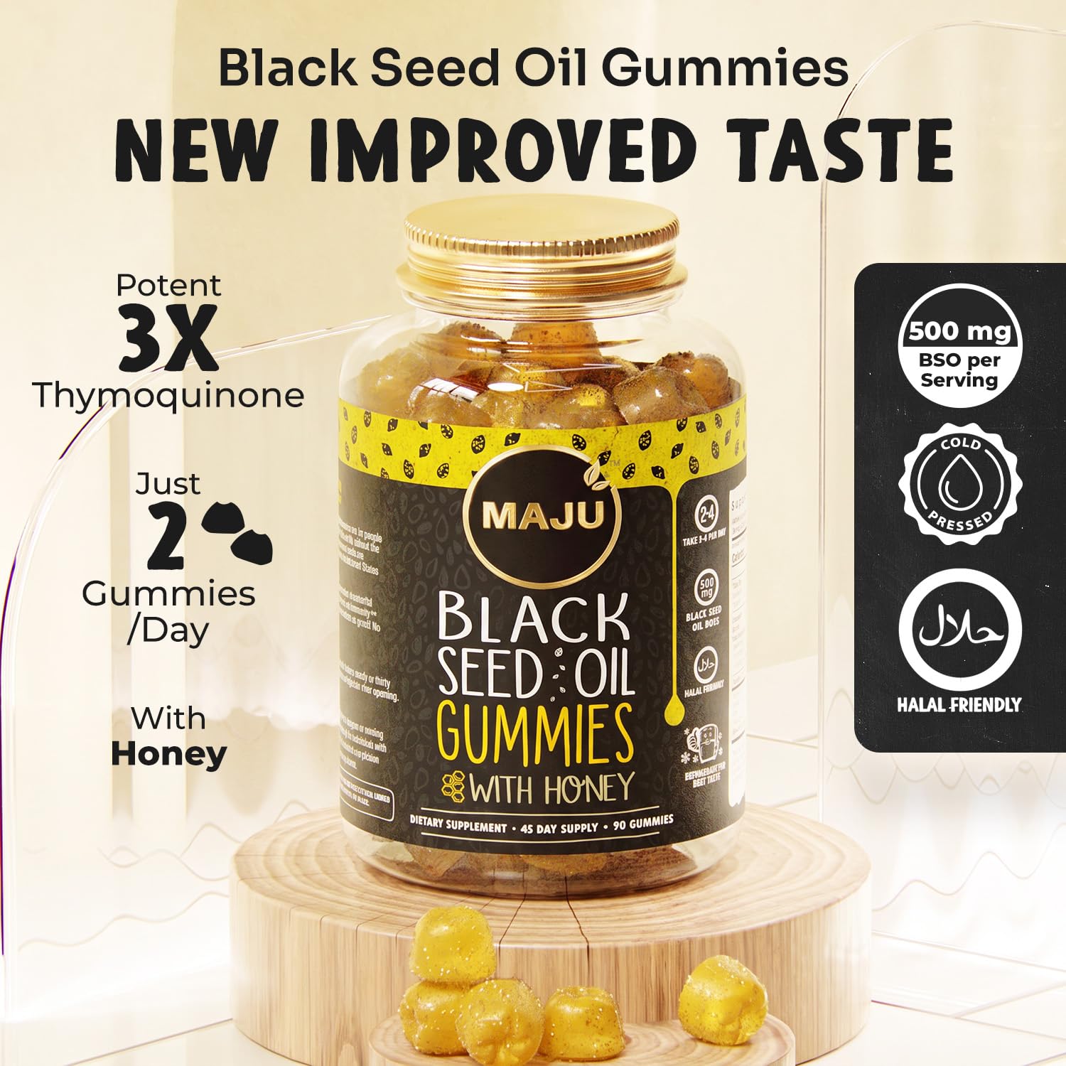 MAJU's Black Seed Oil Gummies with Honey 90ct, 500mg BSO Gummy, Black Cumin Seed Nigella Sativa Oil, Cold-Pressed, Potent Formula, 90ct — Amazon image 4