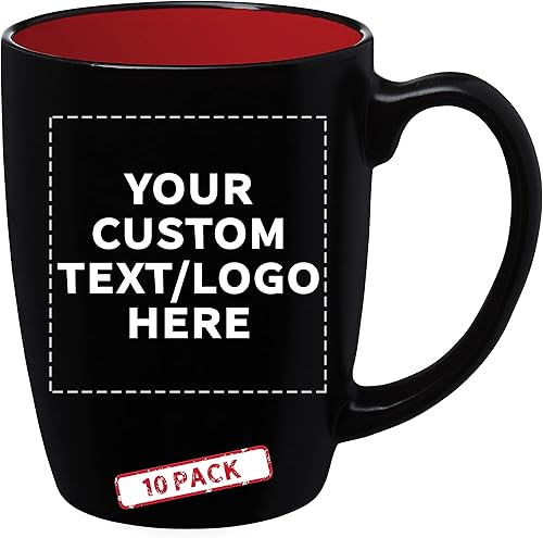 DISCOUNT PROMOS Juego de 10 tazas de café Java de dos tonos, 12 onzas. Texto personalizable, logotipo, gres, duradero, fácil agarre, negro azul