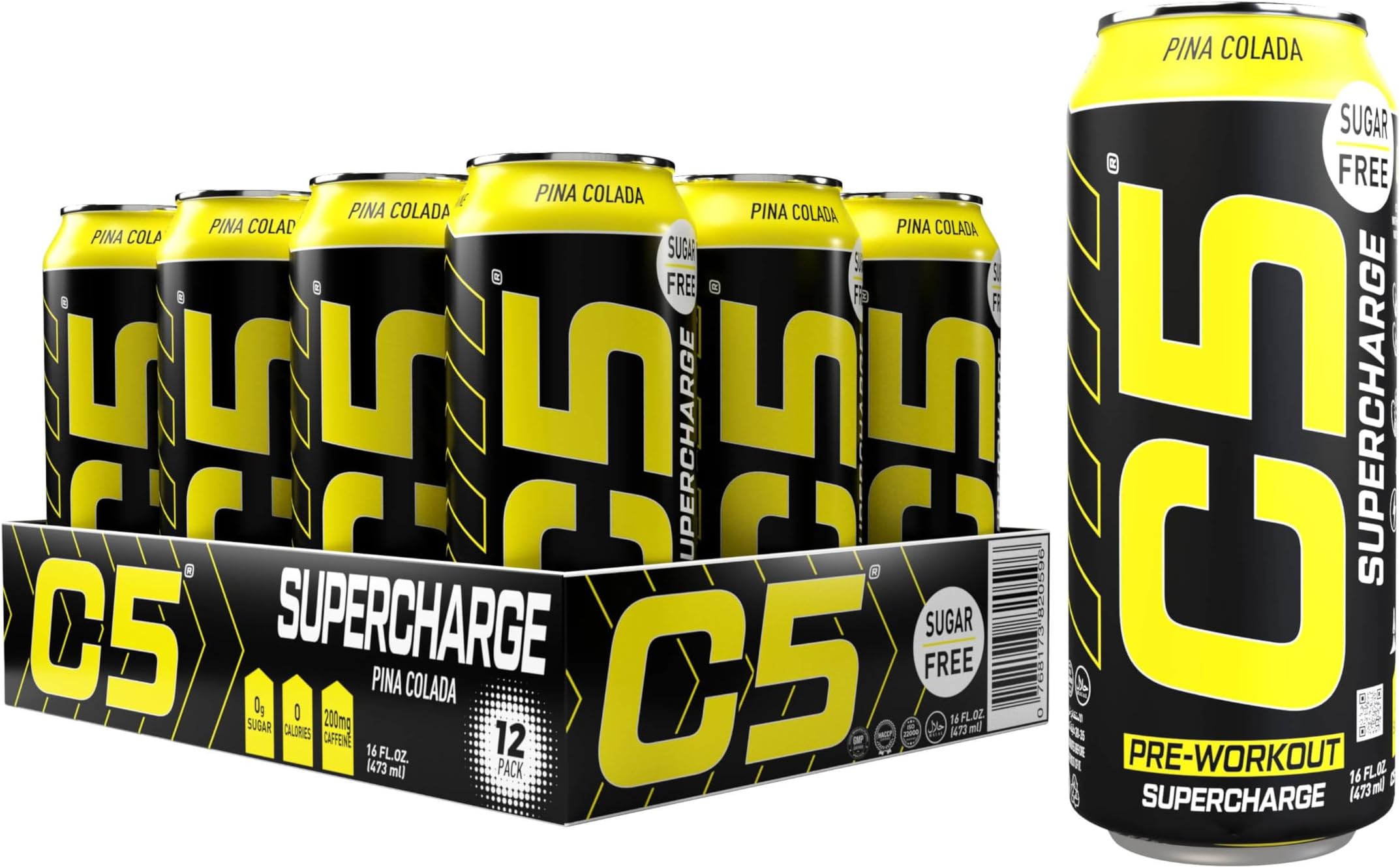 Drink Supercharge Pina Colada Pre Workout Sugar Free, Zero Calories, 200mg Caffeine, Creatine - Beta Alanine - Citrulline Malate High-Performance Pre-Workout Booster Supplement Pack of 12