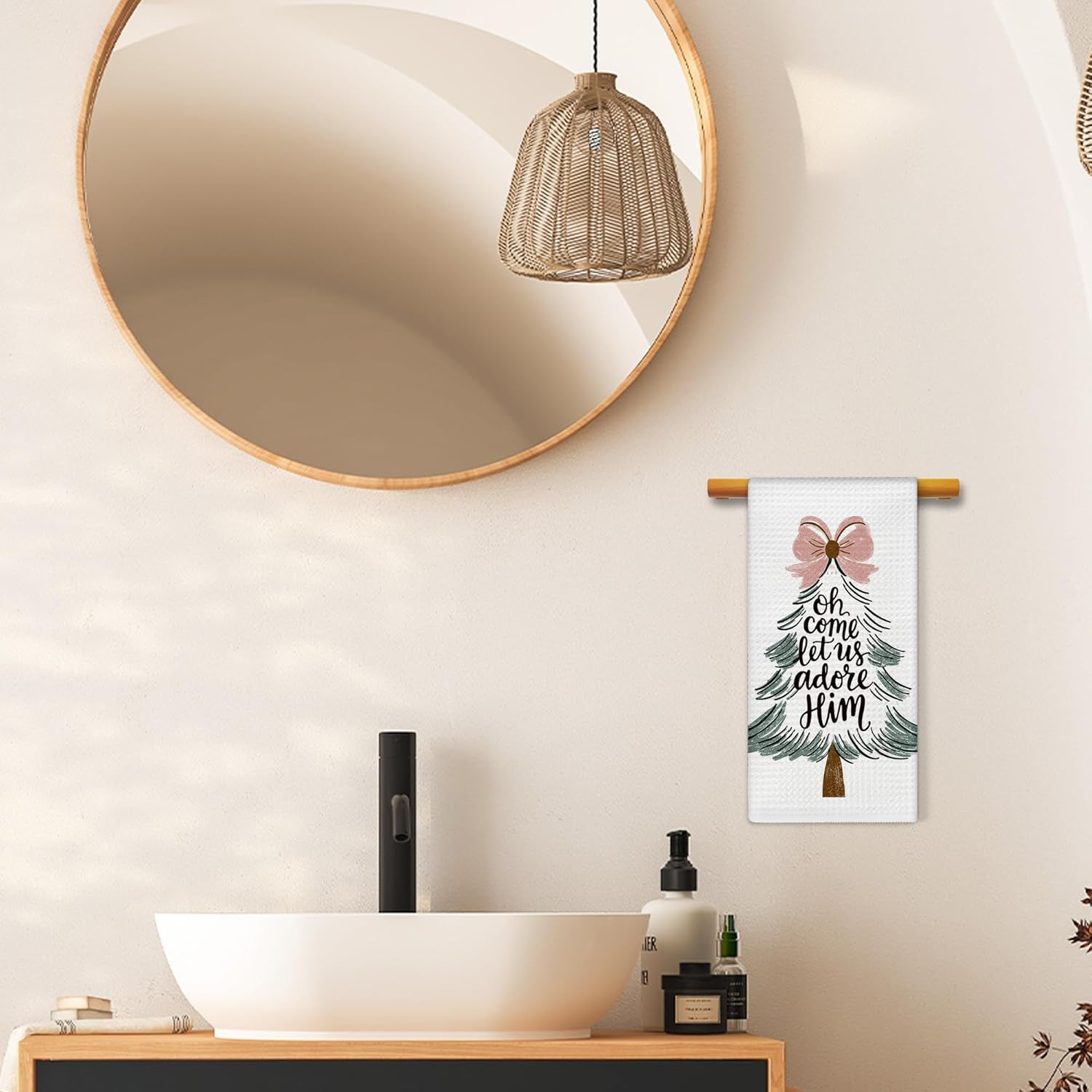 Christian Christmas Tree Kitchen Towels, Religious Christmas Hand Towels for Bathroom Decor, Preppy Pink Bow Winter Xmas Tree Dishcloths Dish Towel for Kitchen 16x24 Inches - Image 4