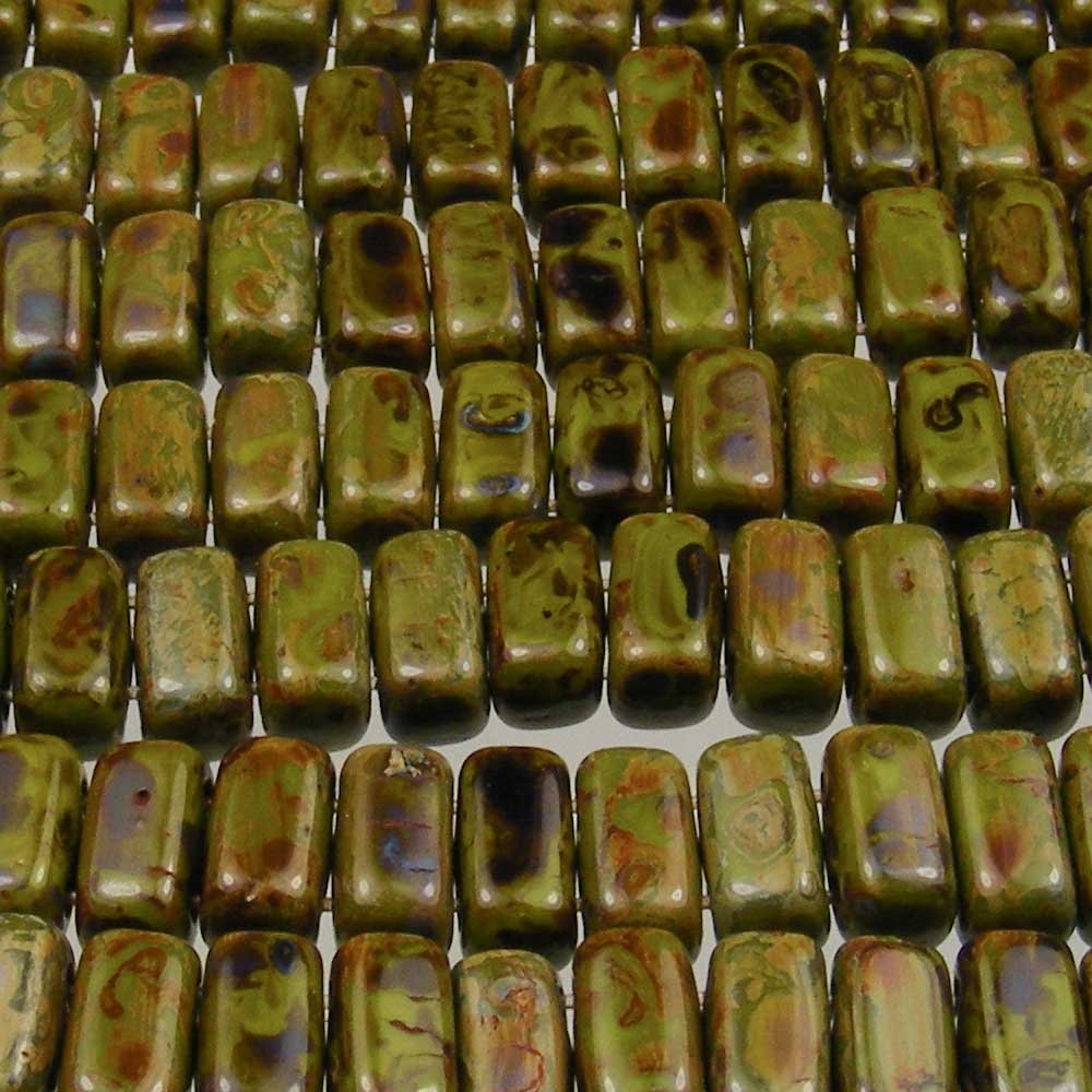 Czechmate 2mm X 6mm Brick Glass Czech Two Hole Bead - Opaque Olive Picasso (50 beads)