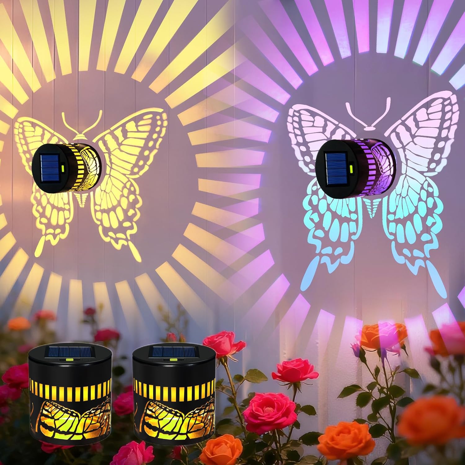 Butterfly Solar Fence Lights, 2 Pack Mini Color Changing Modes Outdoor Wall Step Lights, Waterproof Solar Powered for Patio Garden Camping, Gift for Women