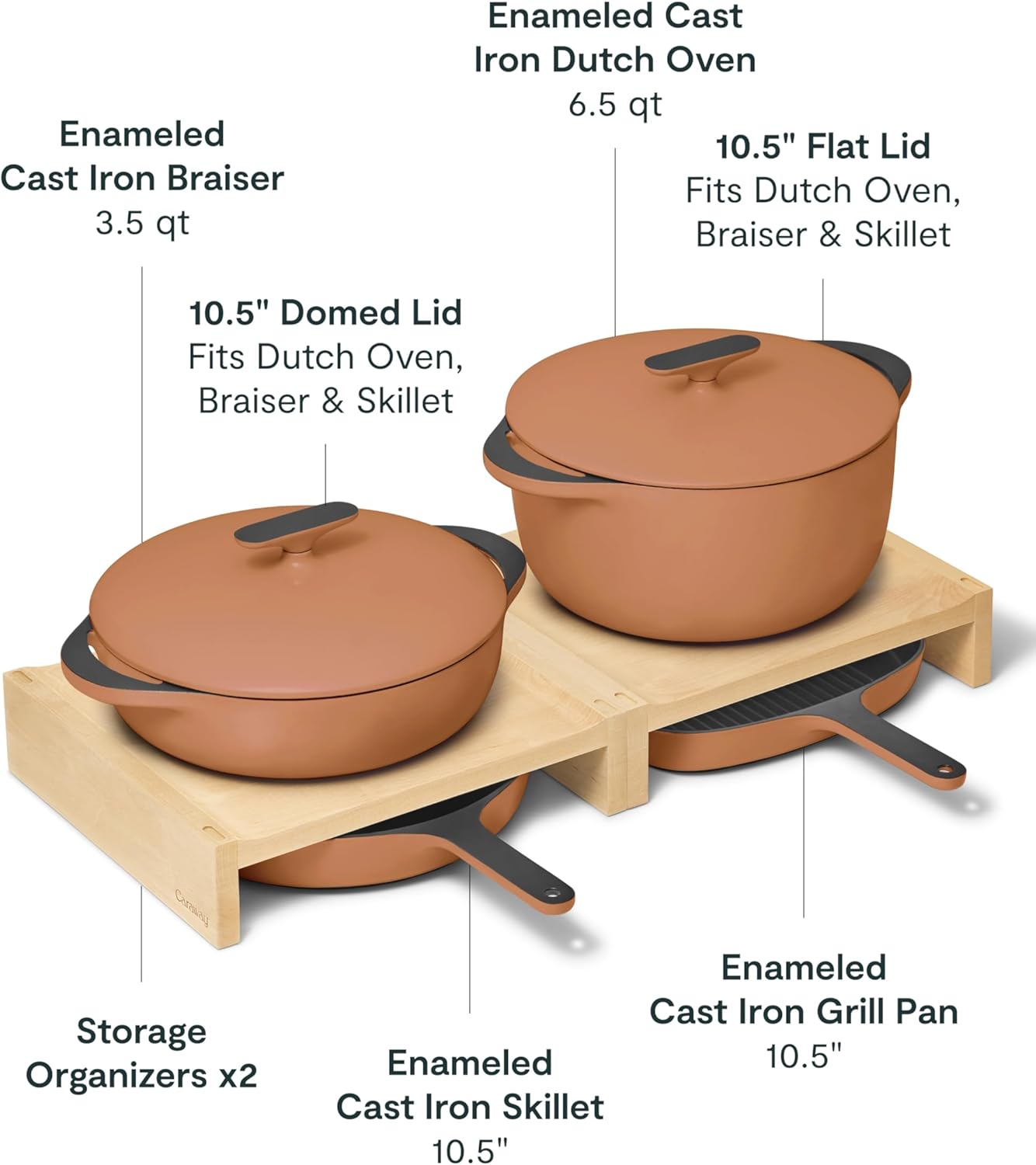 Caraway 8-Piece Enameled Cast Iron Set - 10.5” Skillet, Grill Pan, 3.5 qt Braiser Pan, 6.5 qt Dutch Oven with Lid and Organizers - Non-Toxic 3-Layer Enamel Coating - No Seasoning Required - Rust