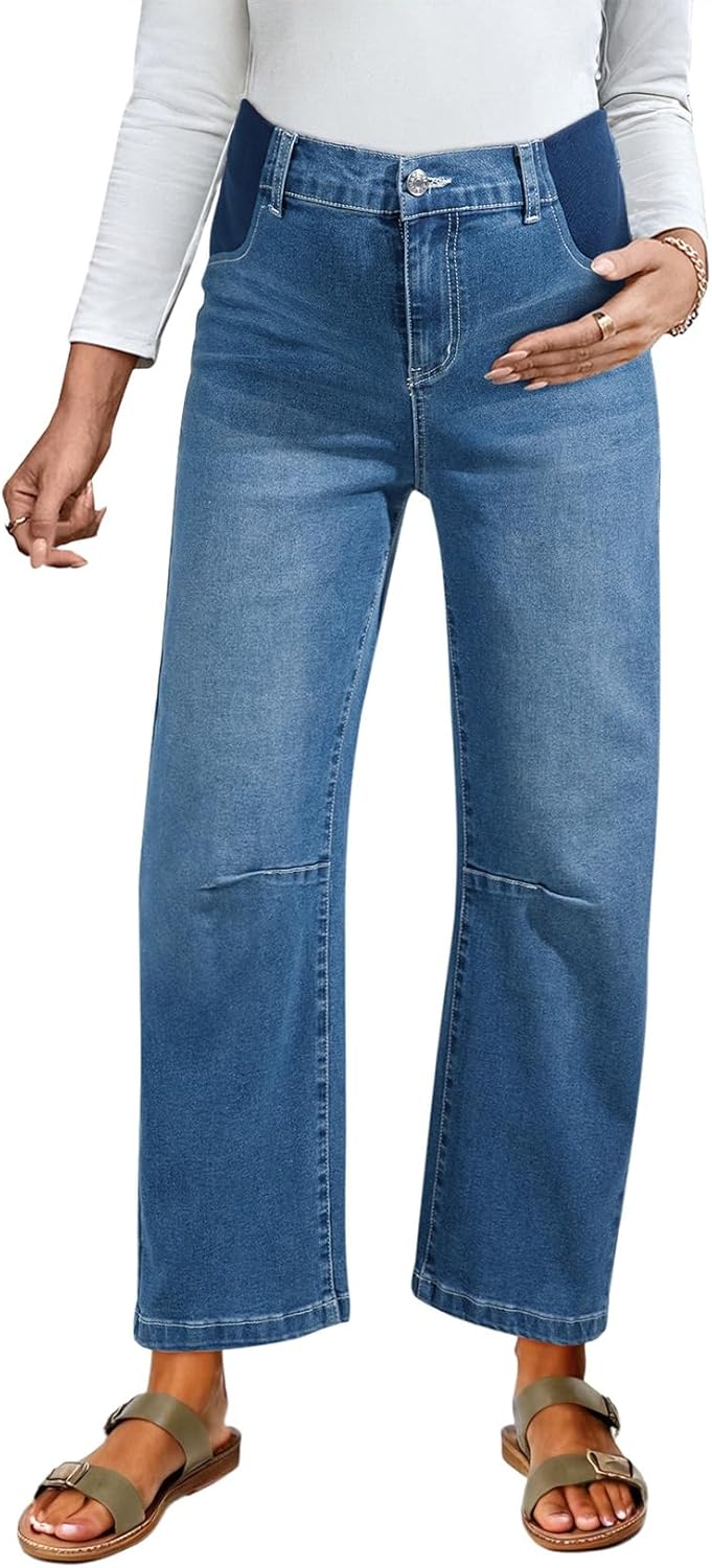 BLENCOT Women's Maternity Jeans Elastic Hight Waist Stretch Barrel Jeans Wide Leg Side Panel Pregnancy Denim Pants