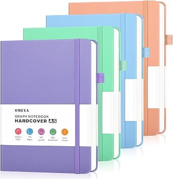 OMEYA A5 Graph Paper Notebooks 4 Pack, Leather Hardcover, 100 GSM Paper