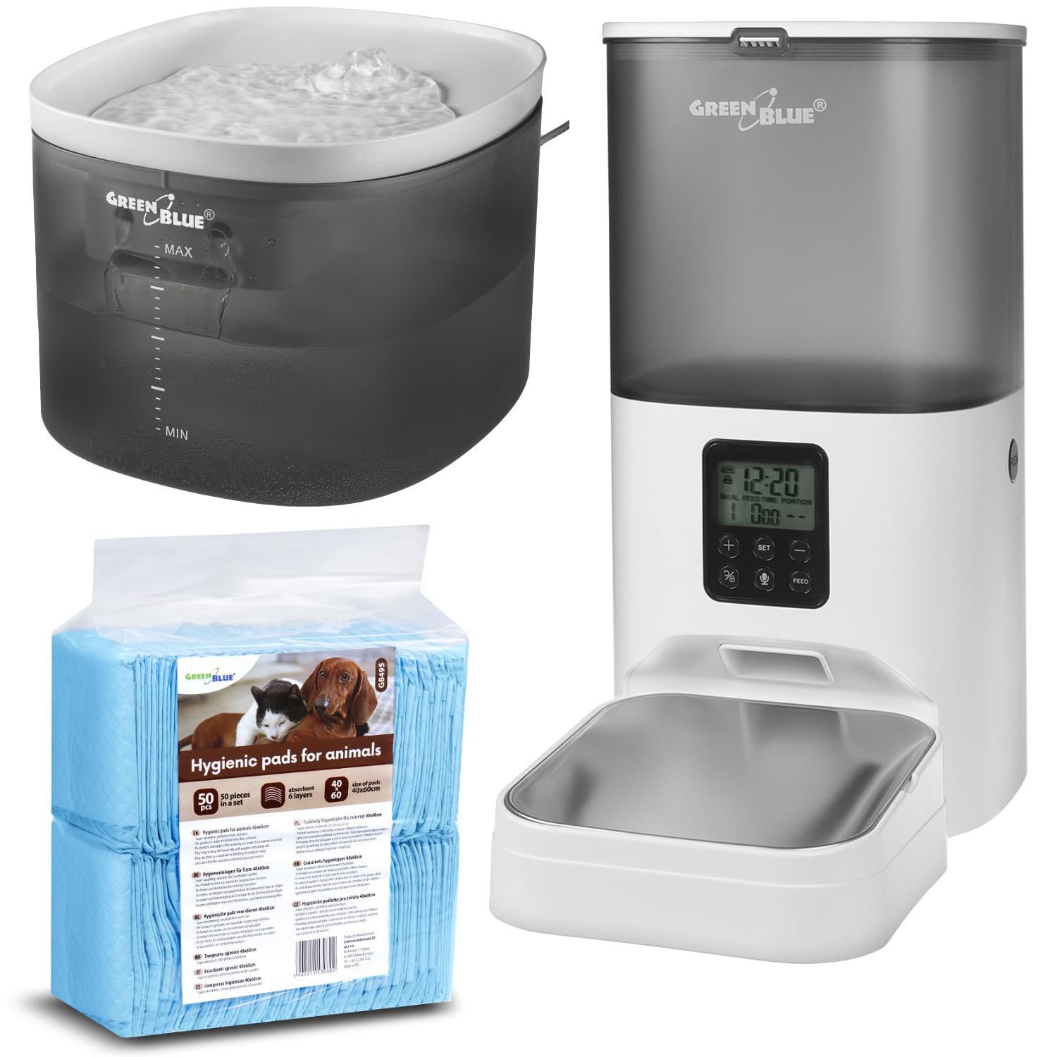 Green Blue Automatic Water Dispenser for Pets | Drinking Fountain for Dogs and Cats | 3L Capacity | USB Powered | Filter (Grey, Water Dispenser + Feeder + 50 x Training Pads) โ image 1