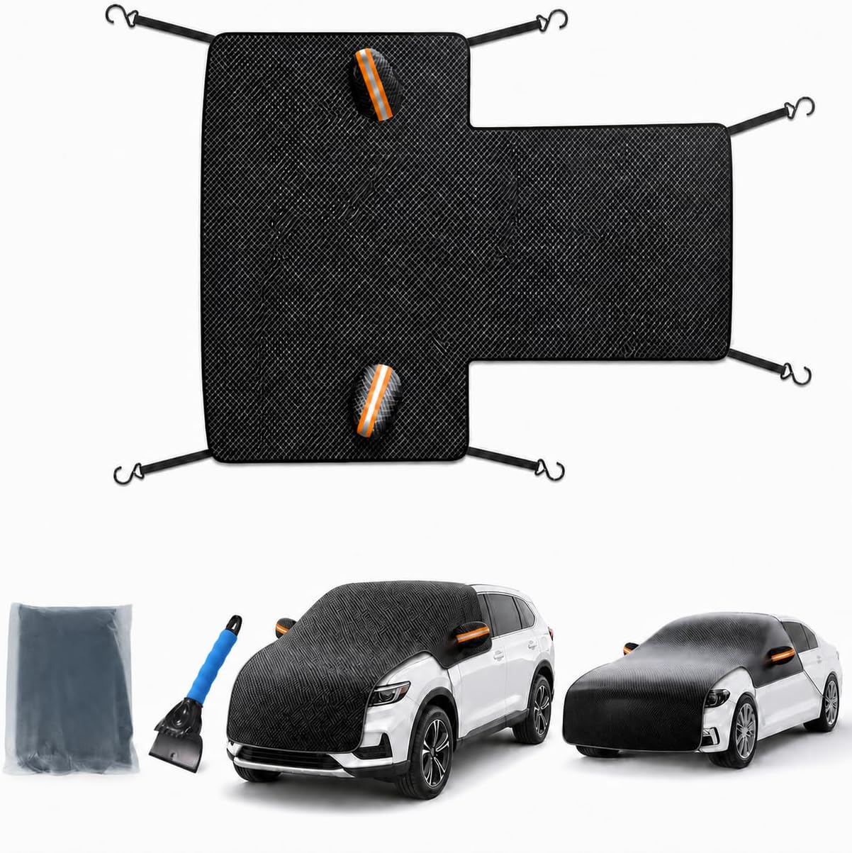 Car Windshield Snow Cover for Ice and Snow, 600D Oxford Full Front Frost Guard with 6 Secure Straps, Mirror Pockets, Reflective Strips, Ice Scraper and Storage Bag for Sedans and SUVs