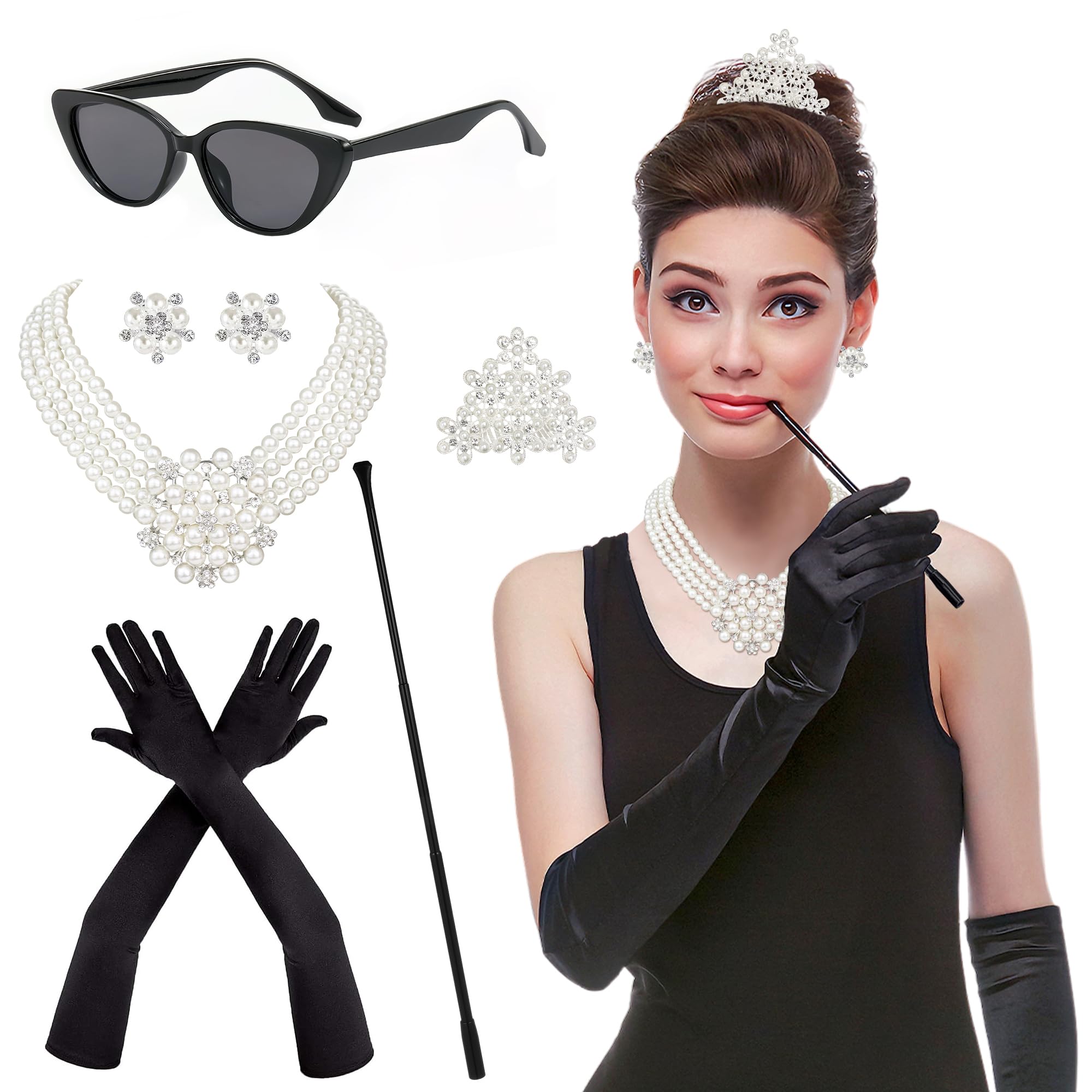 6PCS 1920s Accessories, Holly Golightly Costume 20s Accessories Pearl Necklace Earrings Gloves Sunglasses for Women