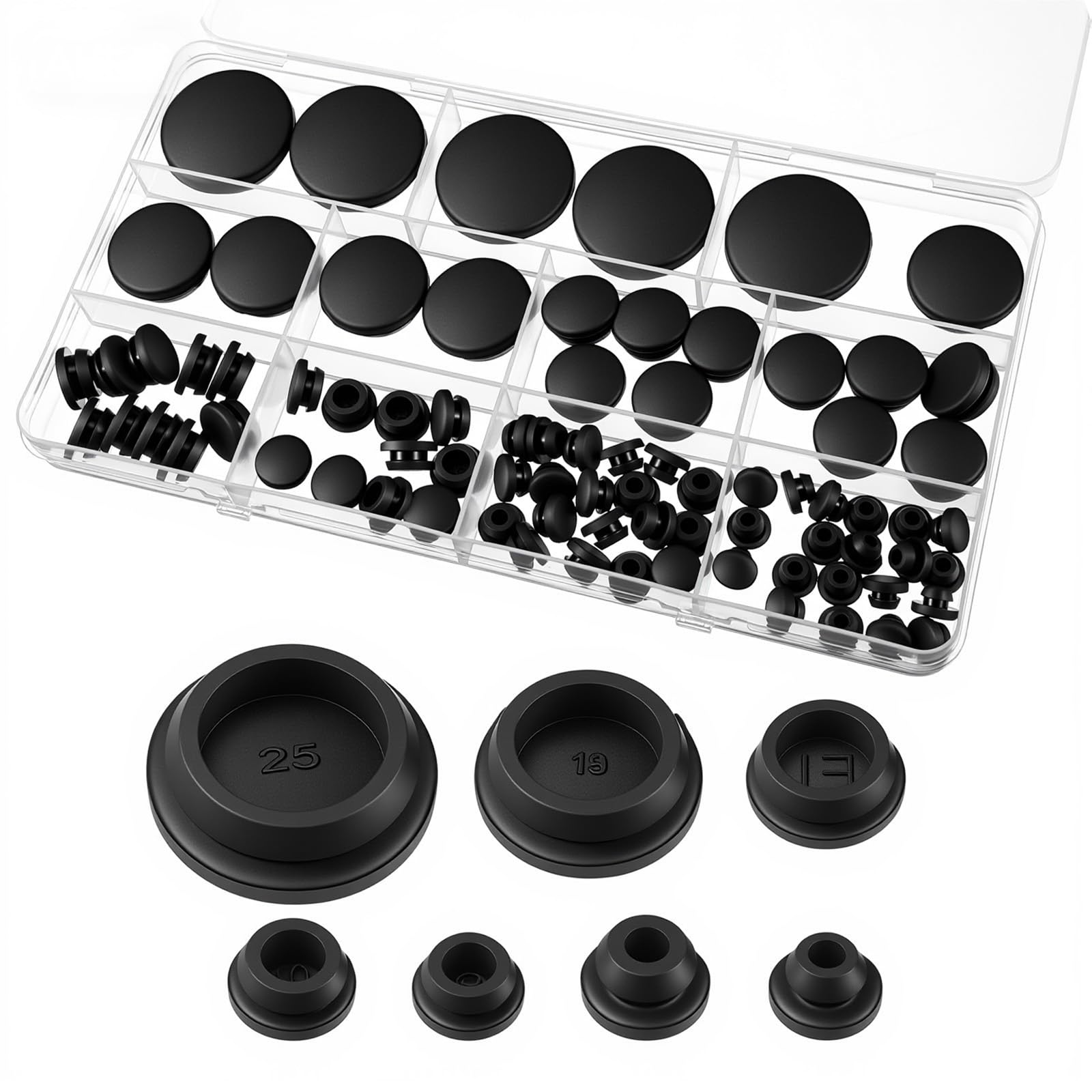 80 Pcs Rubber Plugs for Round Holes, 7 Sizes (1/4" 5/16" 3/8" 1/2" 5/8" 3/4" 1") Silicone Hole Plugs Kit, Snap Locking Round Hole Plug Grommets for Drain Bottle Stoppers Furniture(Black)