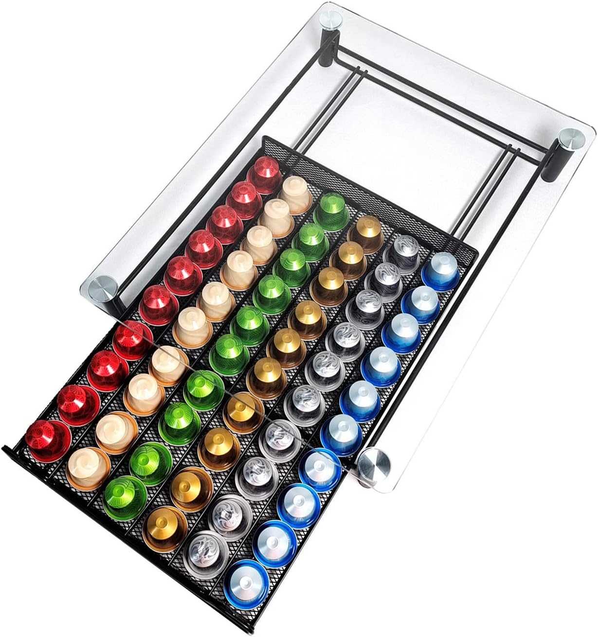 Coffee Capsules Storage Basket,Counter Coffee Caps Coffee Pod Holder 60 Pod Holders Coffee Capsules Storage Drawer With Tempered Glass Top Storage Drawer Holder For Capsules