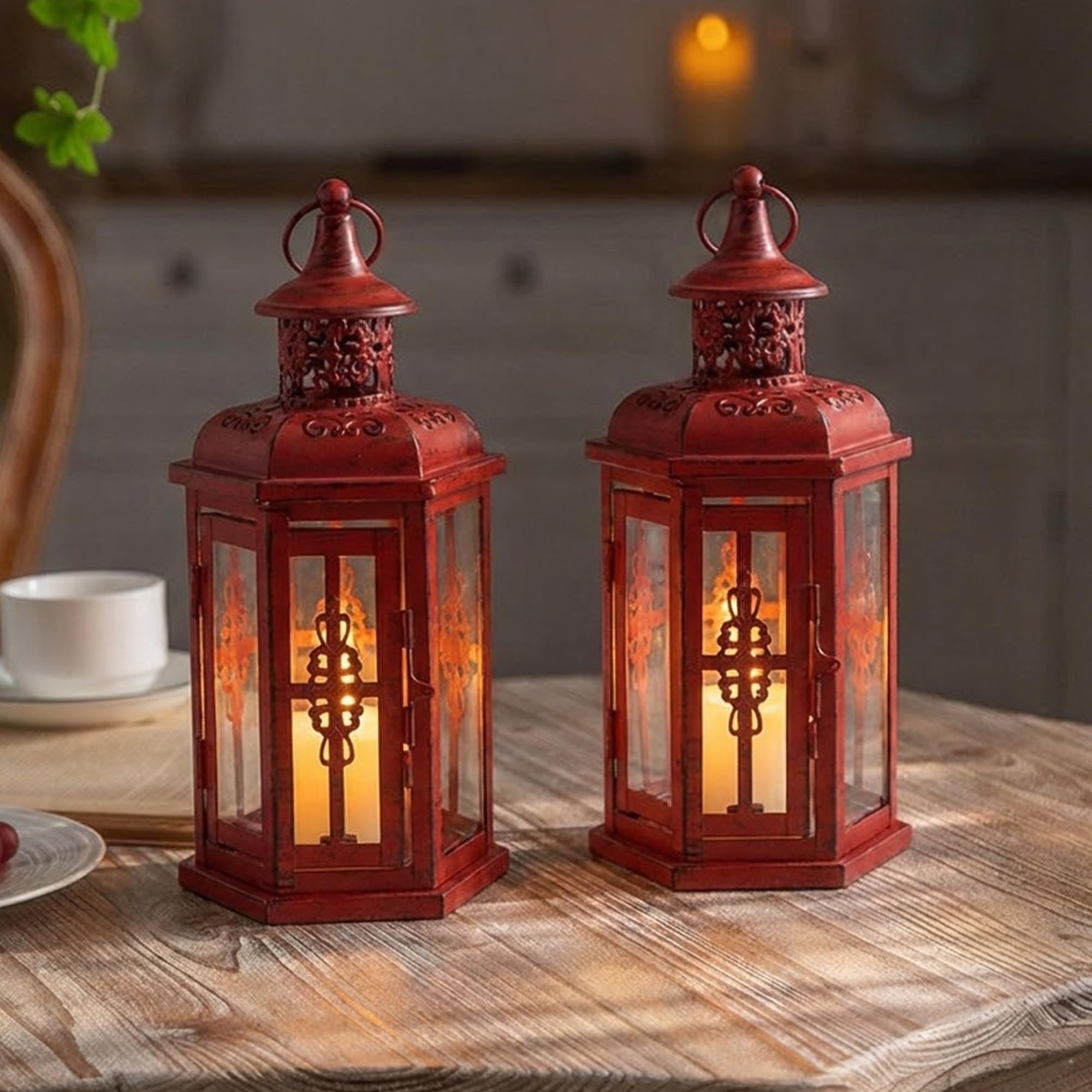 JHY DESIGN 2er-Set Dekorative Kerzenlaternen 25 cm hoch Hängende Vintage Laternen Metallkerzenhalter für Innen- und Außenveranstaltungen, Partys, Gotisch und Halloween (Rot mit schwarzem Pinsel)