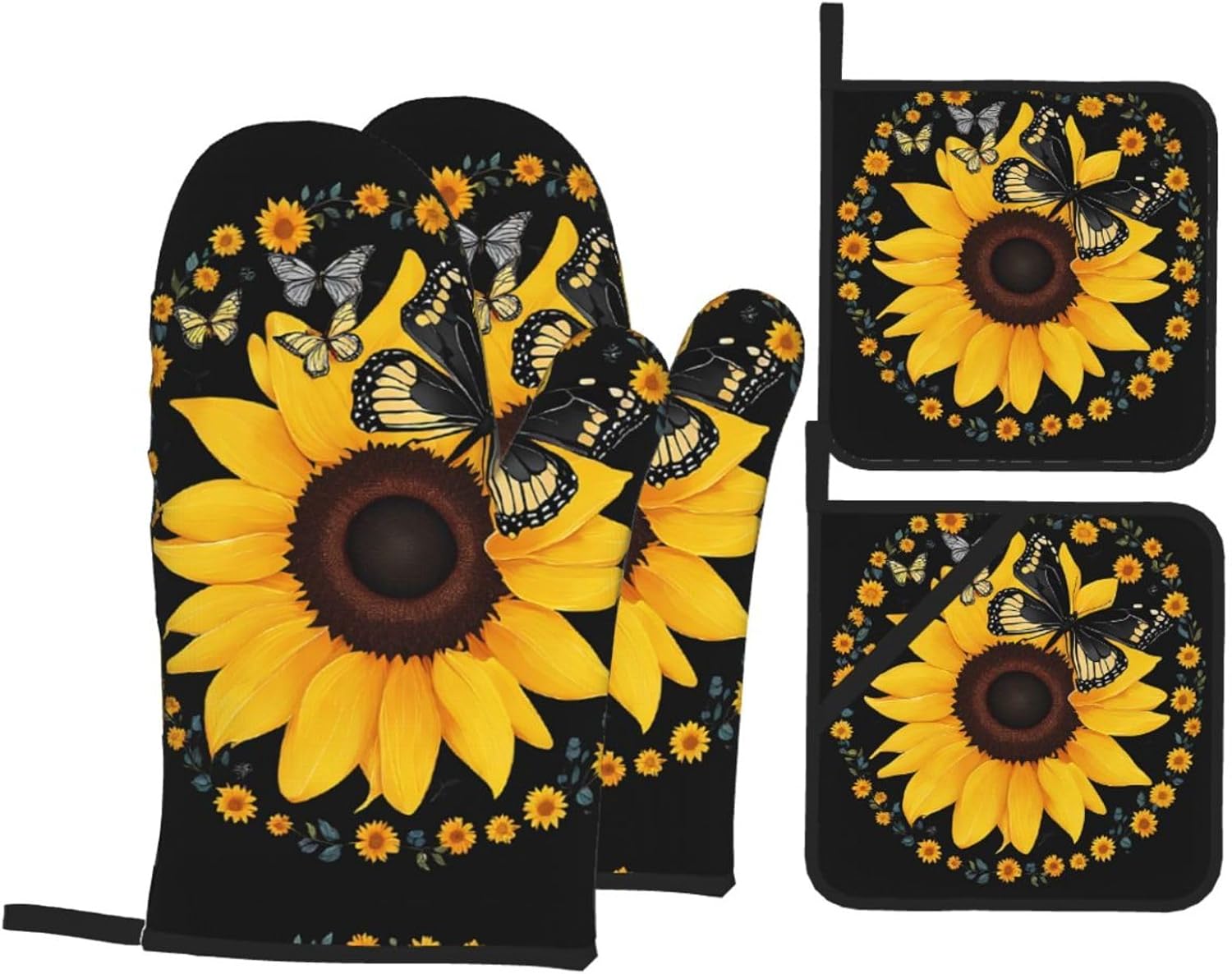 (Butterfly and Sunflower) Baking 4-Piece Set: 2 Oven Mitts and 2 Pot Holders Heat Resistant Waterproof Hanging Loop for Kitchen Oven Grill Housewarming Gifts