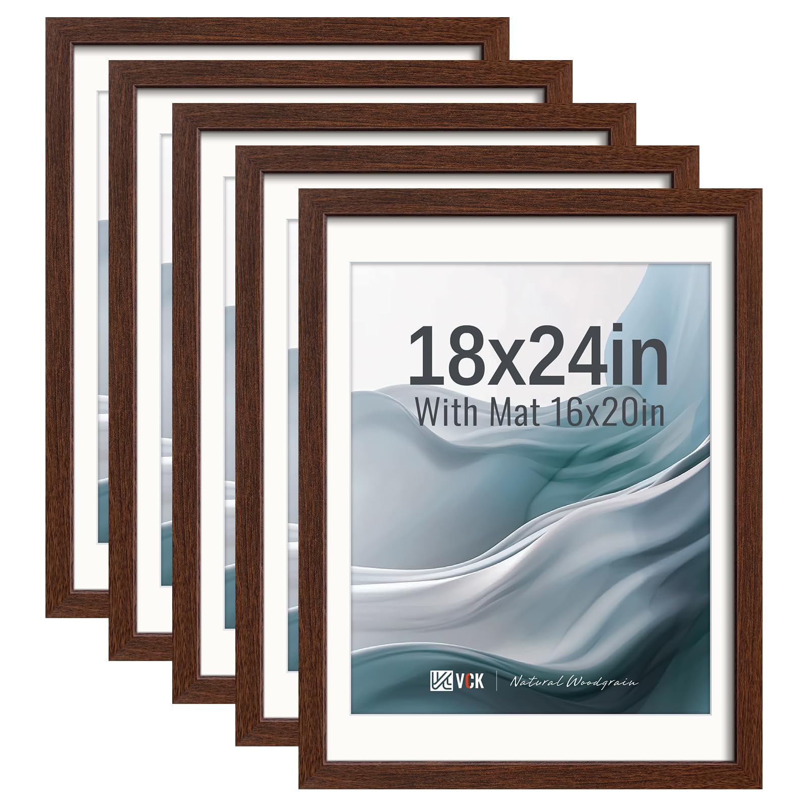 VCK 18x24 Frame 5 Pack, Brown Exclusive Wood, 16x20 Mat, for Picture