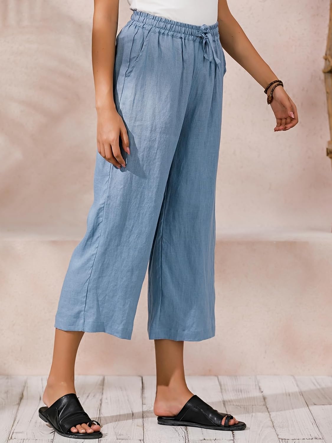 Womens Linen Cropped Pants Loose Casual Capri Cotton Wide Leg Plus Size Elastic Waist with Drawstring Trouses Light Blue 3XL - Image 3