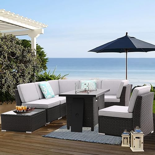 Miniatura 8 de iArtHand Juego de sofá de patio con mesa de fuego de propano de 46 pulgadas, mesa de centro, juego seccional para exteriores, juego de muebles de