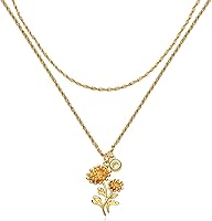 MTMY 18K Gold Plated Birth Flower Necklace for Women - Personalized Birth Month Flower & Birthstone Dainty Layered Pendant Jewelry