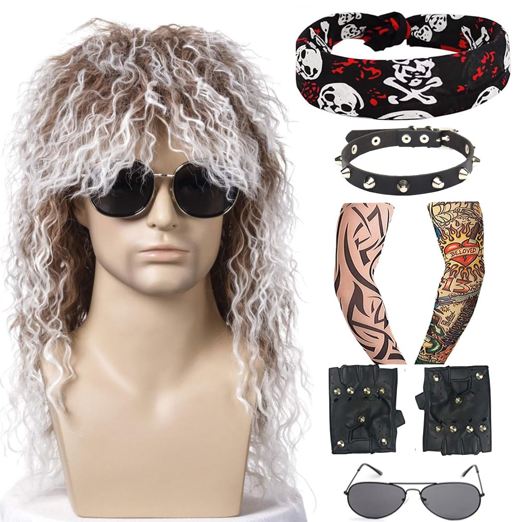 7-częściowy Metalowy Kostium Rockowy z lat 70. i 80. -TOMIGO Brązowa, Mieszana, Kręcona Peruka w Stylu Vintage dla Kobiet/mężczyzn na Halloween i Karnawał