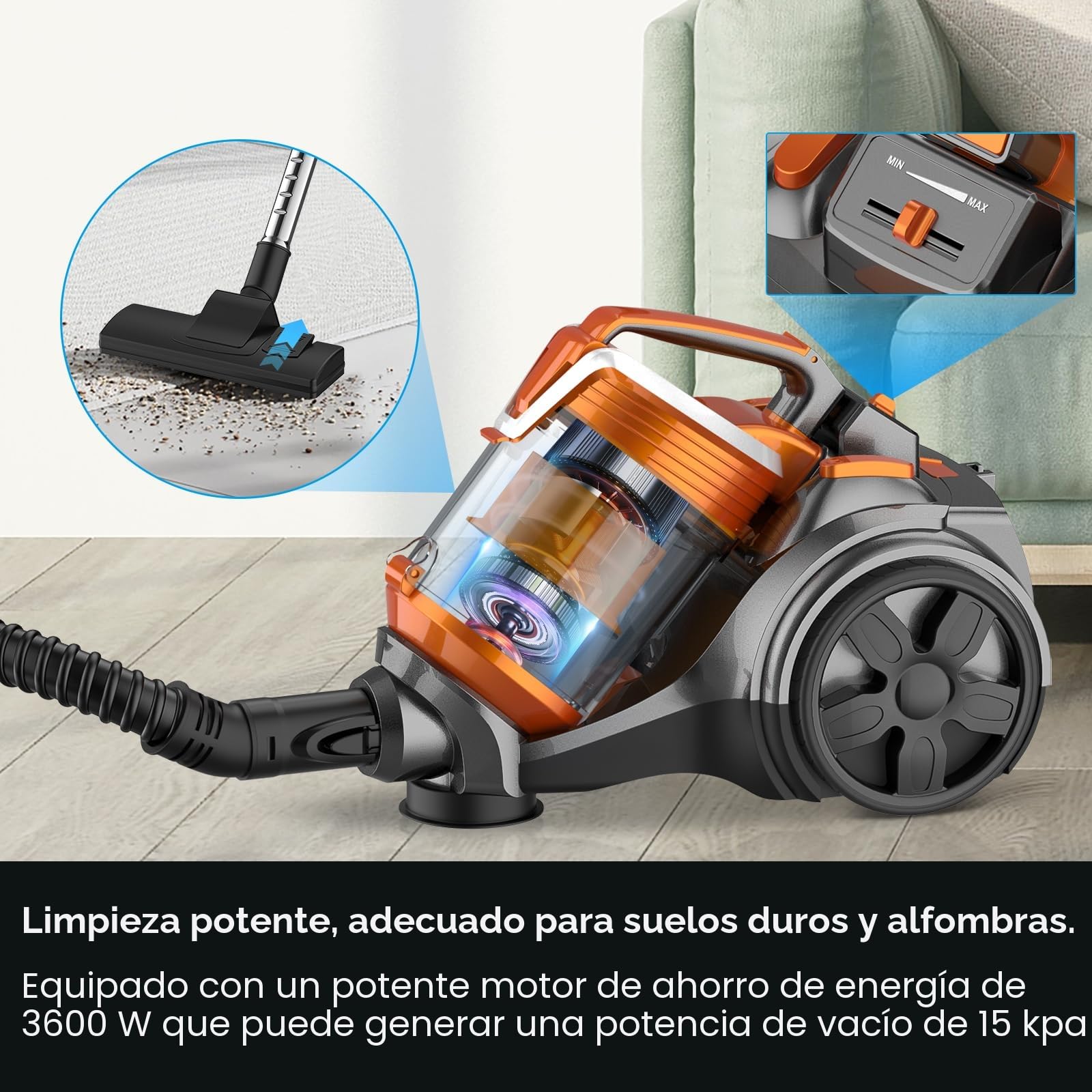 Aspirador sin bolsa, 3600W, potente aspirador 15000pa. Aspiradors potente con cable portátil, aspiradors con bolsa trineo silencioso, cable de 5 m, motor de bajo consumo, alfombras de pelo de (3.5L)