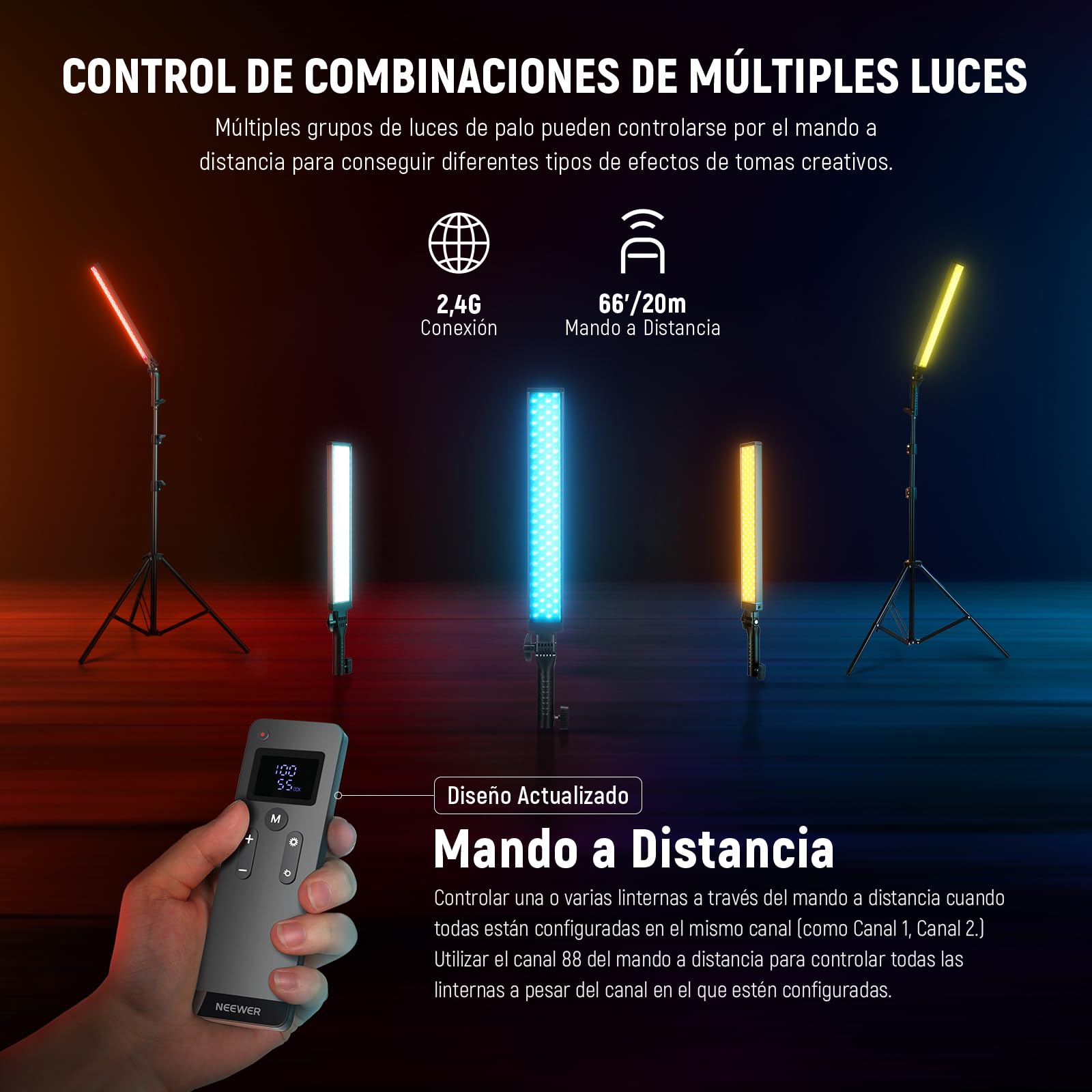 NEEWER Barra de Luz Vídeo LED Mejorada y Kit Remoto 2,4G, Paquete de 2 Iluminación Regulable 3200K~5600K CRI97+ con Soportes/Filtros/Bolsa para Grabación Youtube, Fotografía, Juegos, BH20B Negro