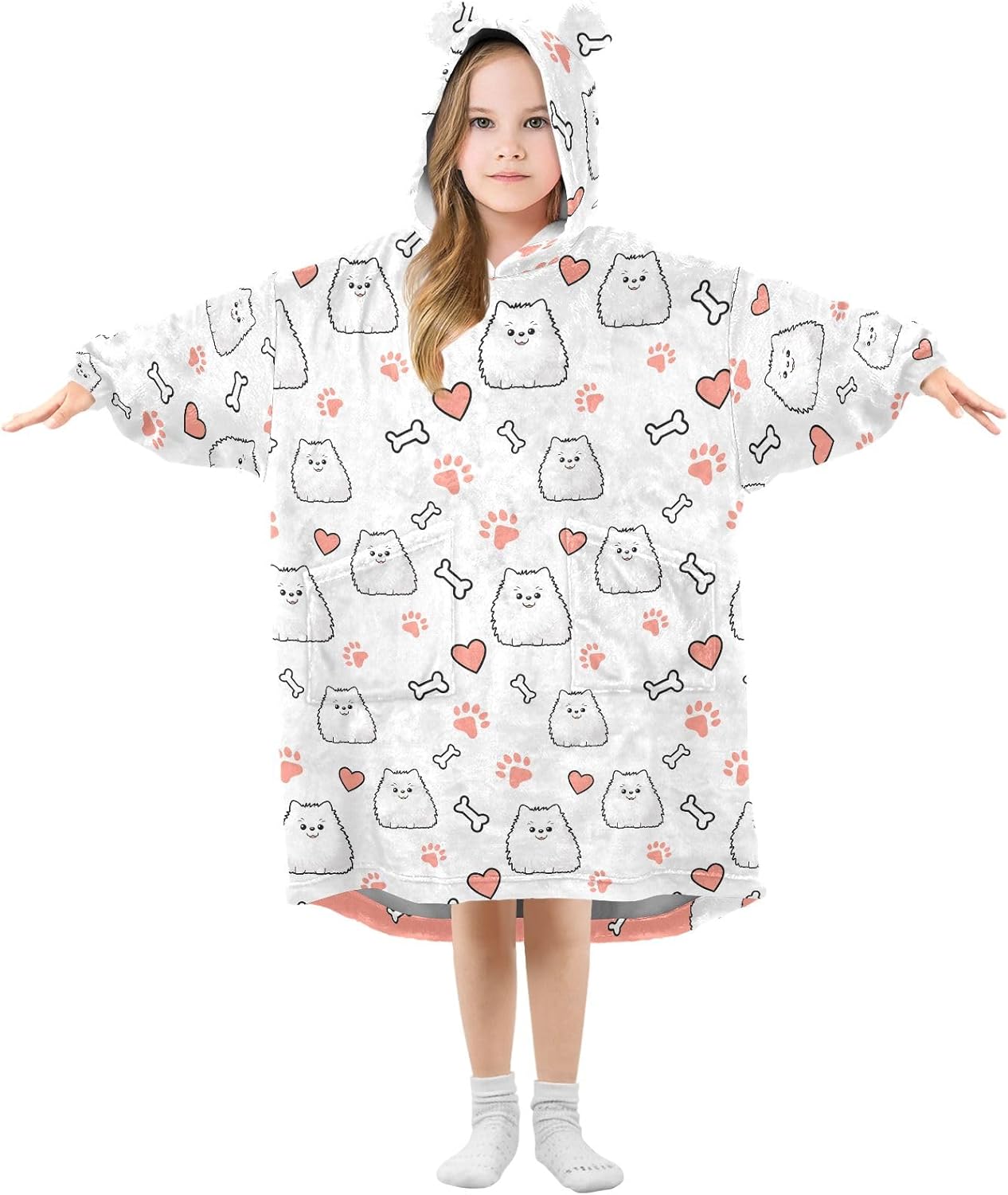 Cute White Pomeranian Wearable Blankets for Kids, Soft Warm Cozy Blanket Hoodie for Boys Girls with Pocket