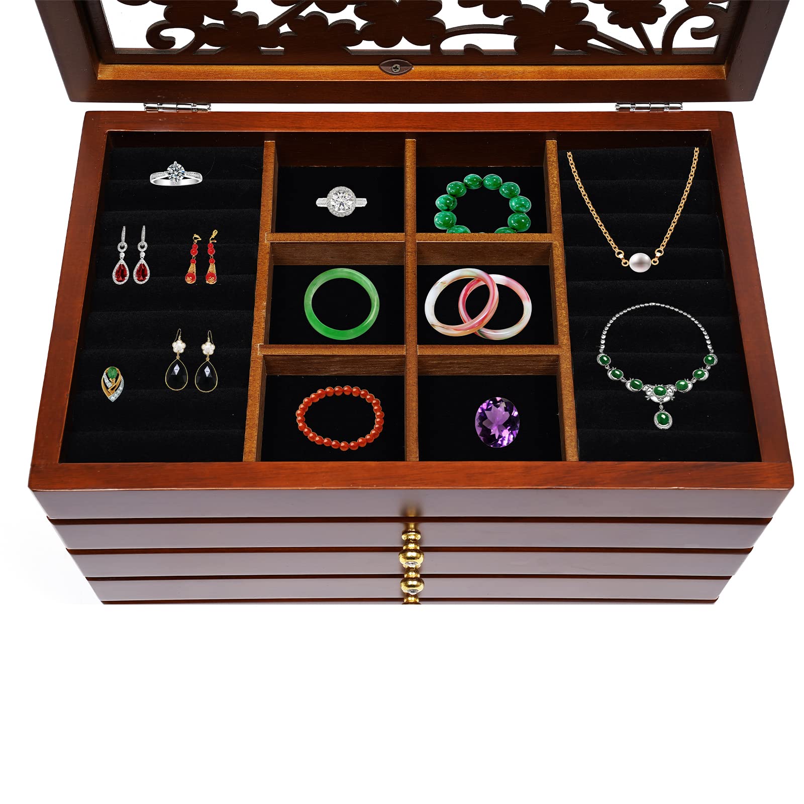 WooDerson Joyero con 5 cajones, joyero de madera, diseño tallado, forro interior de tela de terciopelo, rectangular, caja de joyas para relojes, collares, pendientes, 31 x 20 x 24,5 cm (nogal)