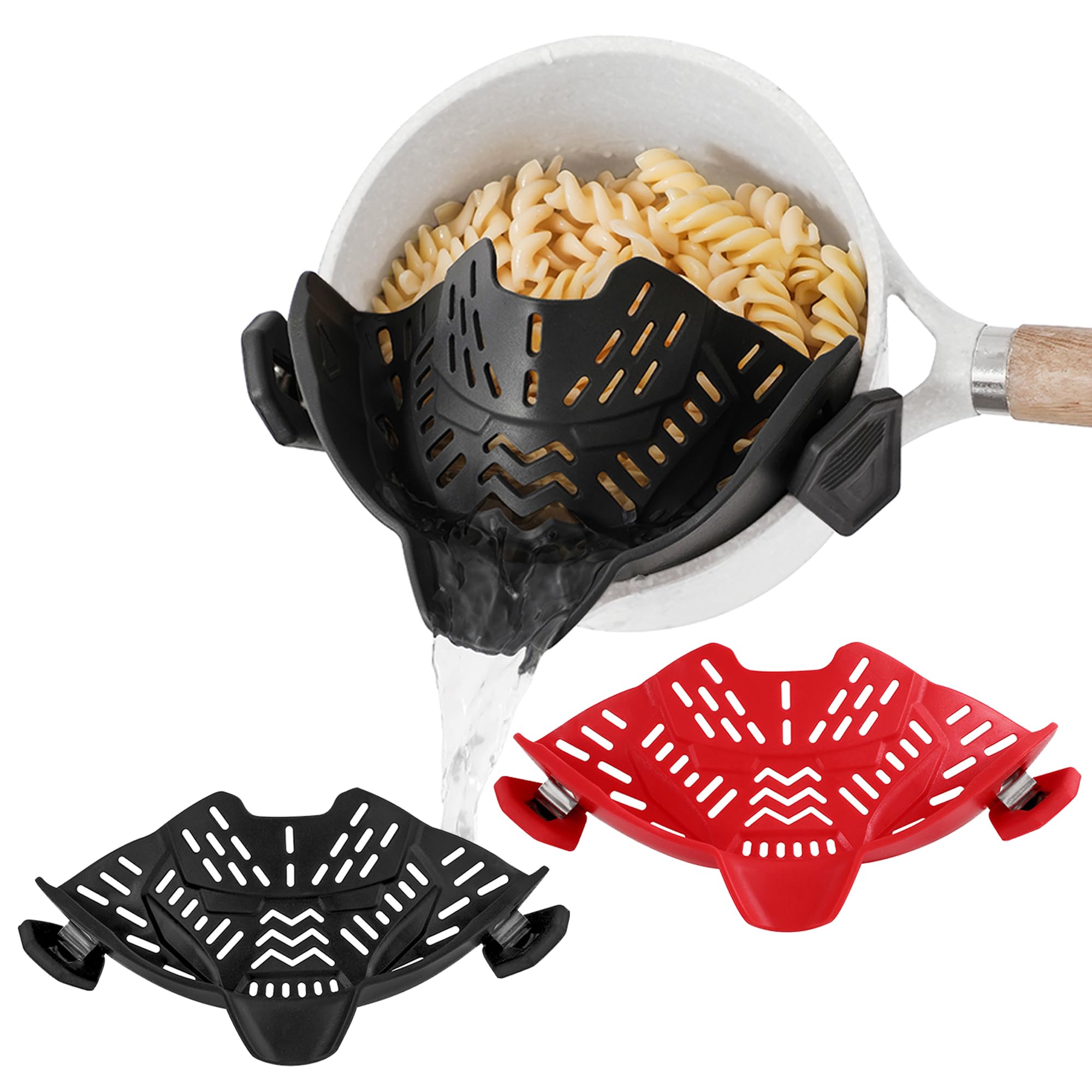 ASMEFY 2 Pcs Clip On Pot Strainer for Pasta, Vegetables, Fruit and Meat- Kitchen Silicone Strainer Colander for All Pots, Pans and Bowls (Black,Red)