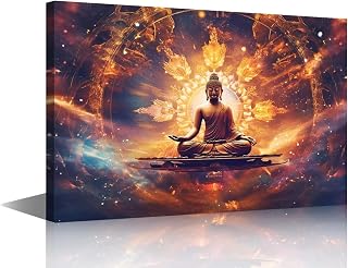 Canvas Wall Art Decor Buddha Sculpture Poster Art 1 Panel Religious Wall Art Buddha Deity Universe Galaxy Nucleus Paints for Bedroom Office Wall Decor Stretched and Framed Ready to Hang 18x12 in