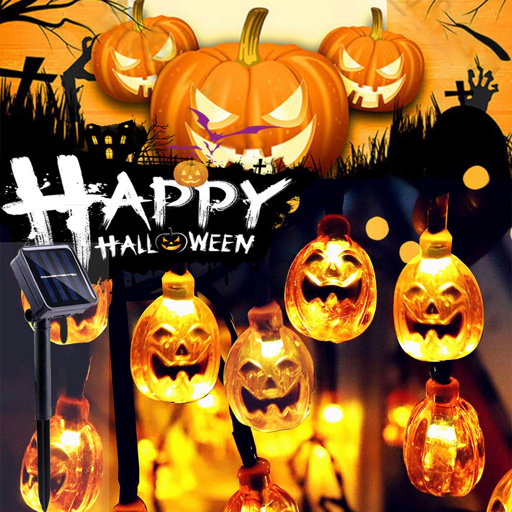 Ouktor Halloween Decor Pumpkin Solar String Lights, 30 LED IP65 Waterproof String Light,20ft Outdoor Decorative Lights for Patio, Garden, Gate,Yard, Halloween Christmas Decoration (Warm White)