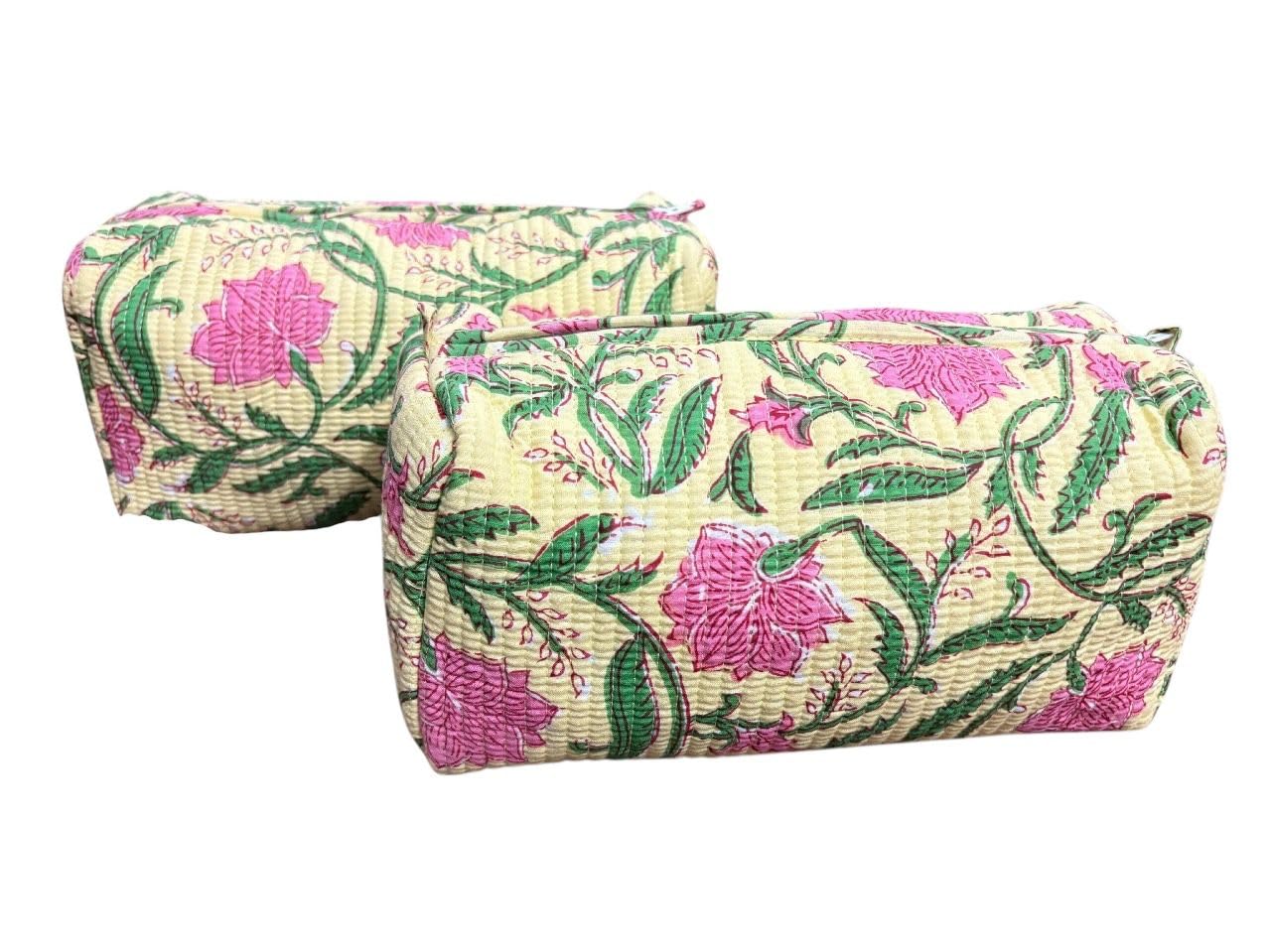 Jaipur Textiles, Hand Block Printed Cotton wash Bags, Toiletry Bags, Cosmetic Pouches, Makeup Kit, Travel Pouches, Vanity Bags| Qty - Set of 2PCS, Musturd and Green-image-45