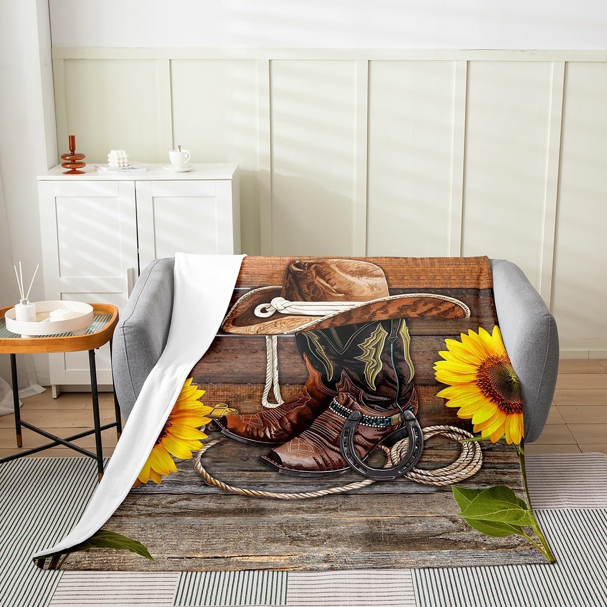 Cowboy Boots Hat Flannel Fleece Blanket,Western Cowboy Rustic Super Soft Blanket for Bed Sofa Couch,Brown Vintage Barn Door Bed Blanket for Bedroom Decor,Twin 60"x80"