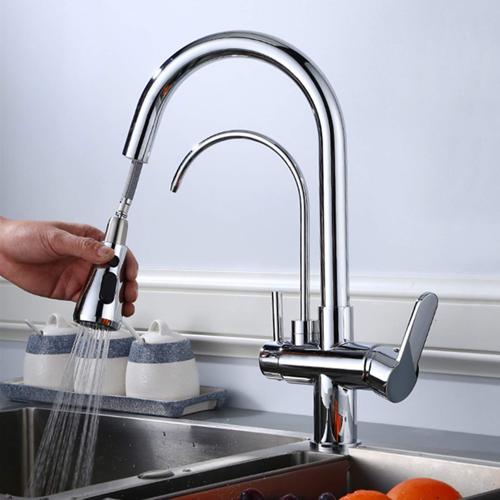 Rubinetto da cucina estraibile con doccetta estraibile, girevole a 360°, rubinetto per acqua potabile a 3 vie, rubinetto da cucina con filtro dell'acqua, miscelatore 3 in 1, in ottone